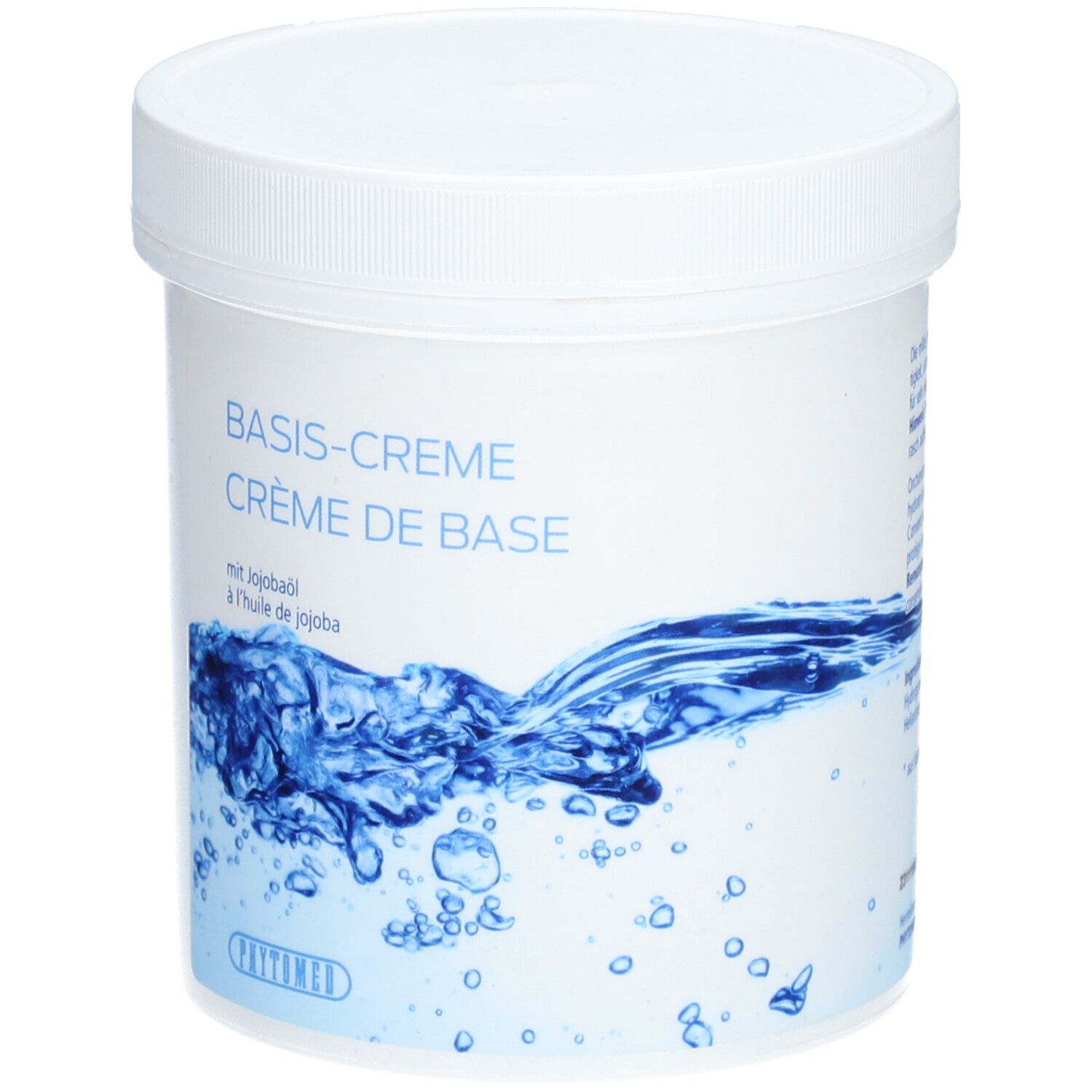 Pot blanc avec couvercle. Inscription: Basis-Creme, Crème de Base, à l'huile de jojoba. Design aquatique. Marque: Phytomed.