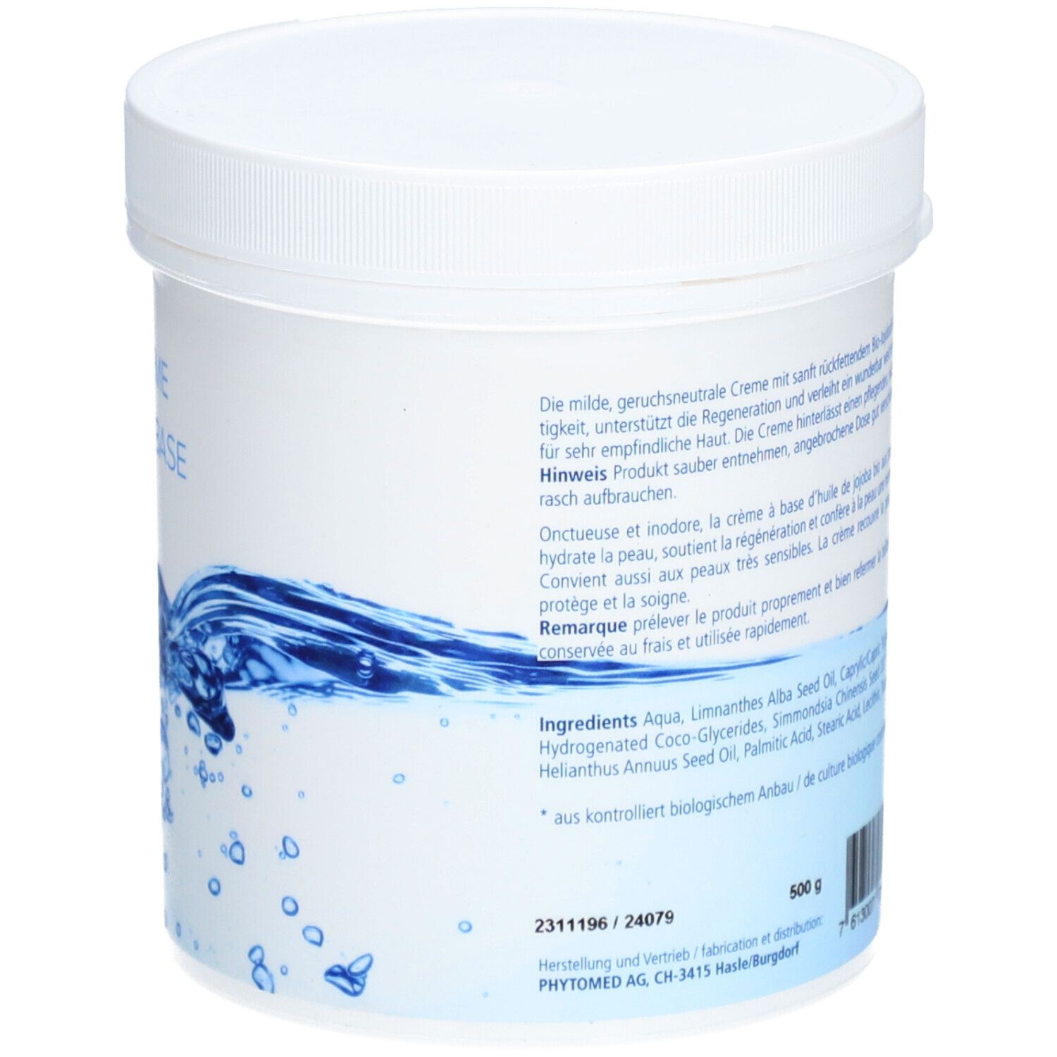Pot blanc avec couvercle. Dos avec informations sur le produit et ingrédients. 500 g.