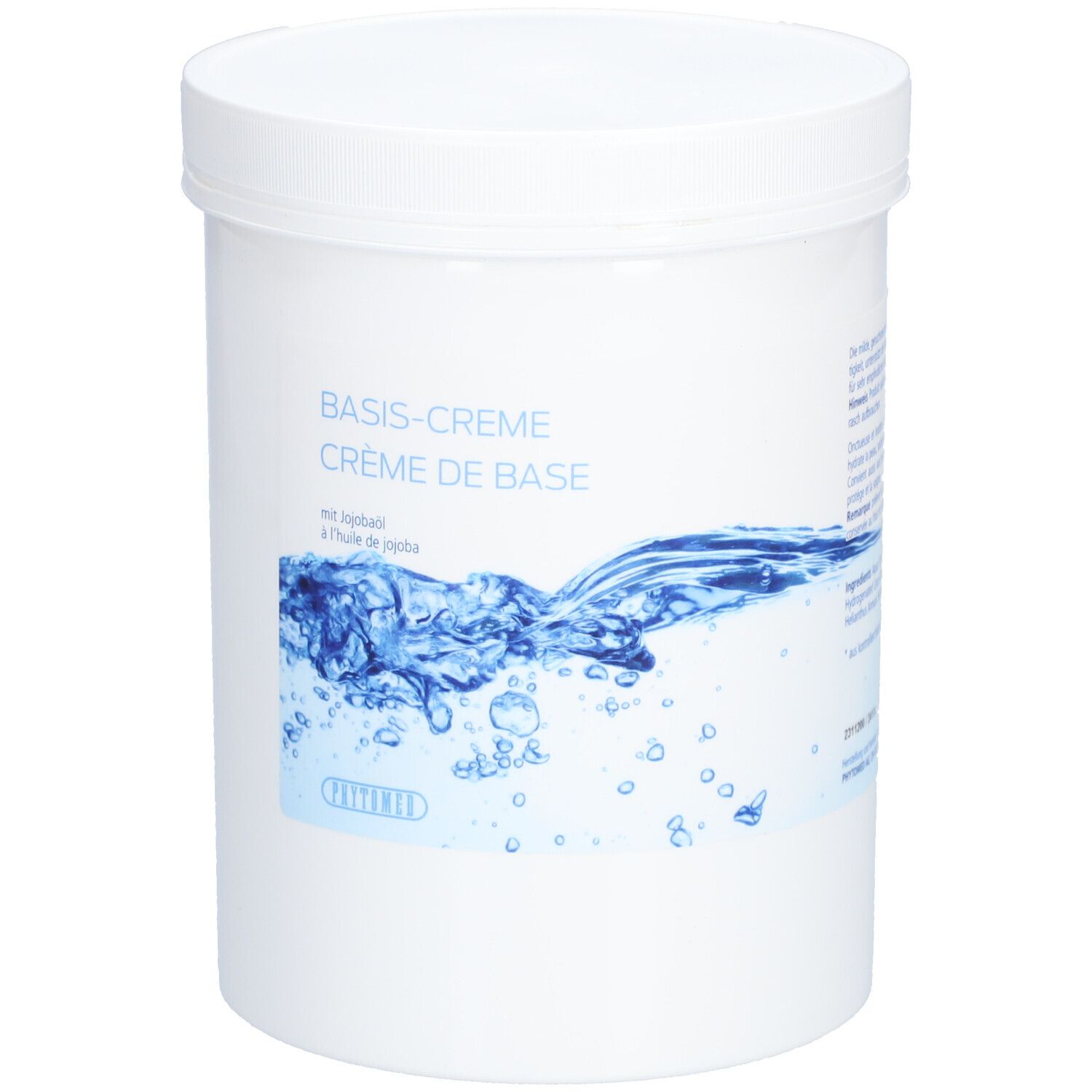 Pot blanc avec couvercle. Autocollant avec nom du produit et graphique d'eau. Texte : Basis-Creme, Crème de base.