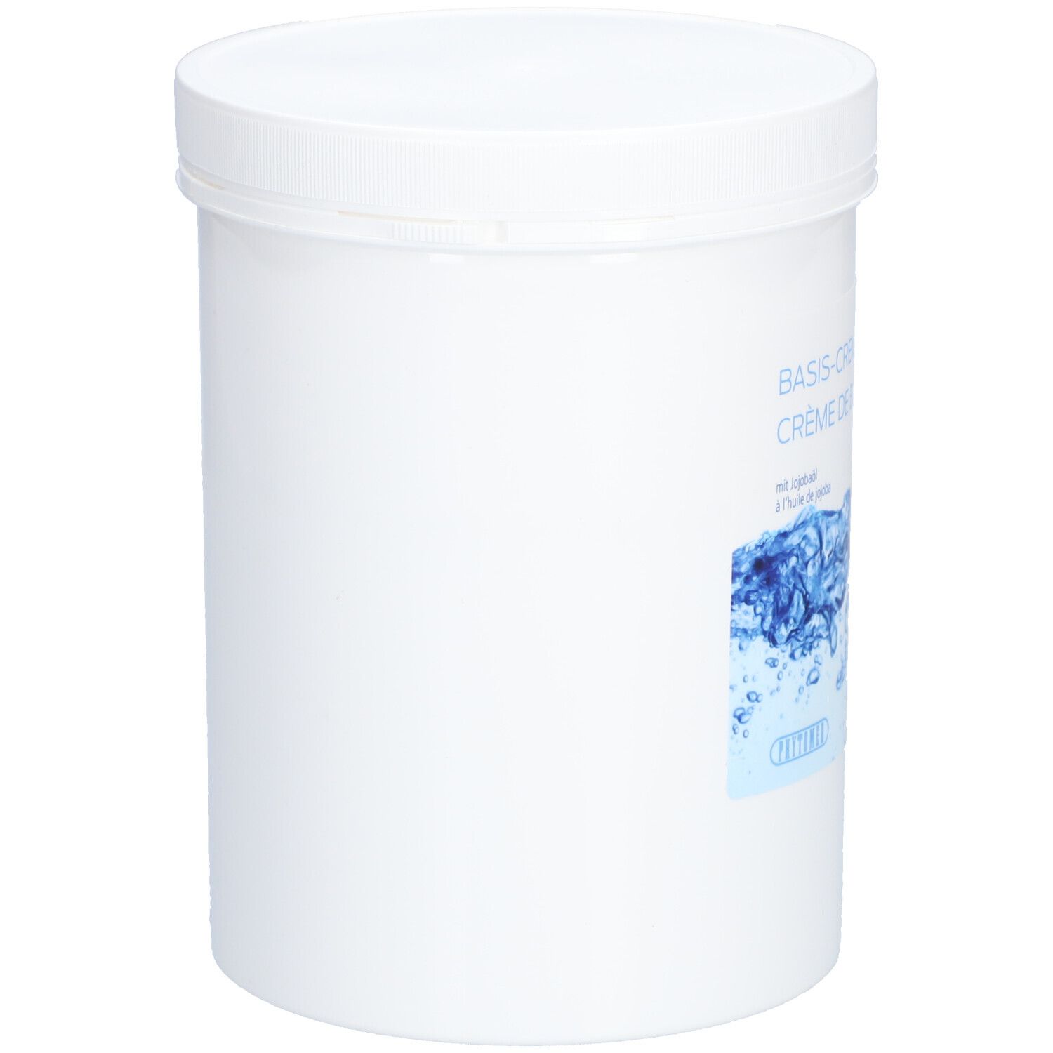 Pot blanc avec couvercle. Autocollant avec nom du produit et graphique d'eau. Texte : Basis-Creme, Crème de base.