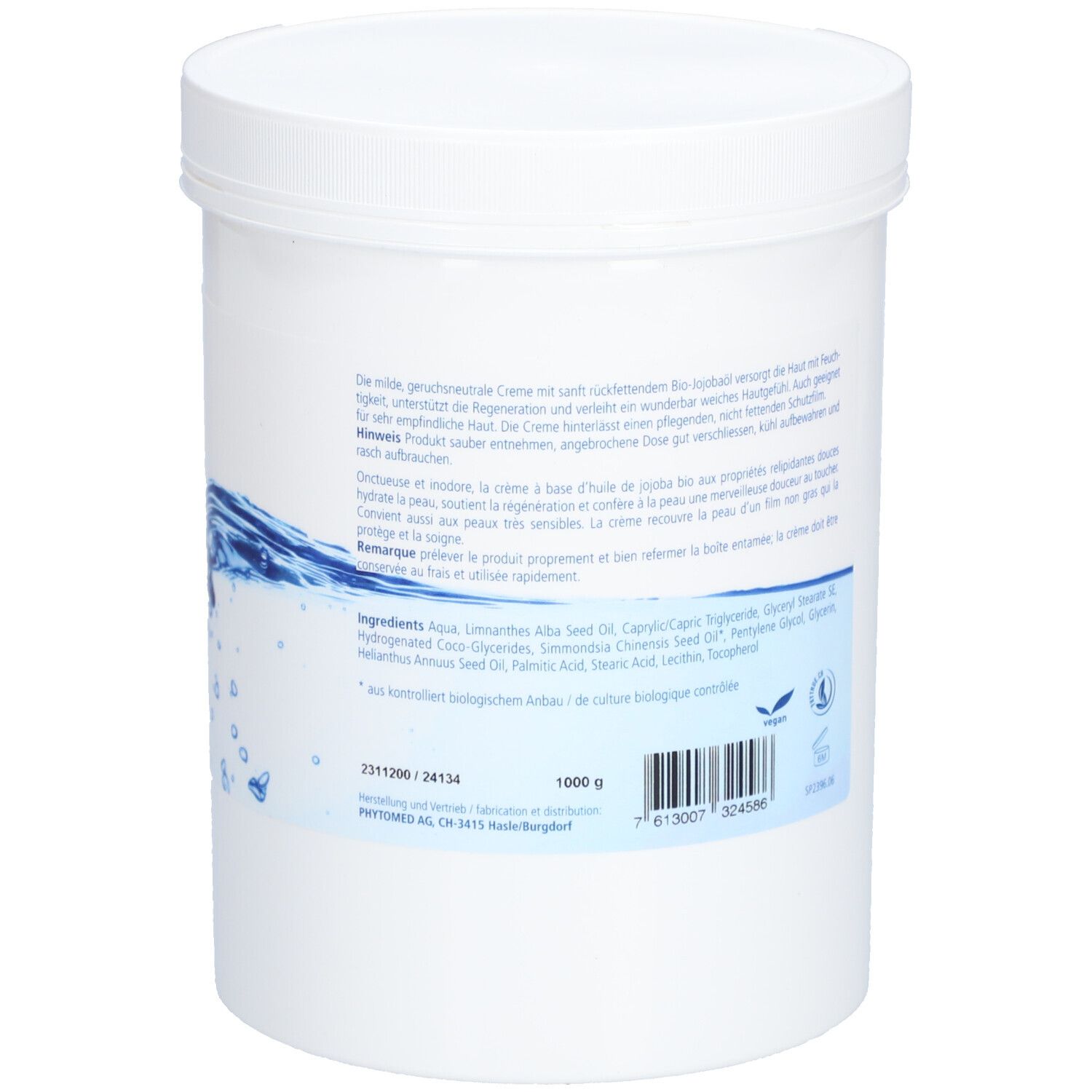 Pot blanc avec couvercle. Autocollant avec informations sur le produit, ingrédients, code-barres et logo. 1000 g.
