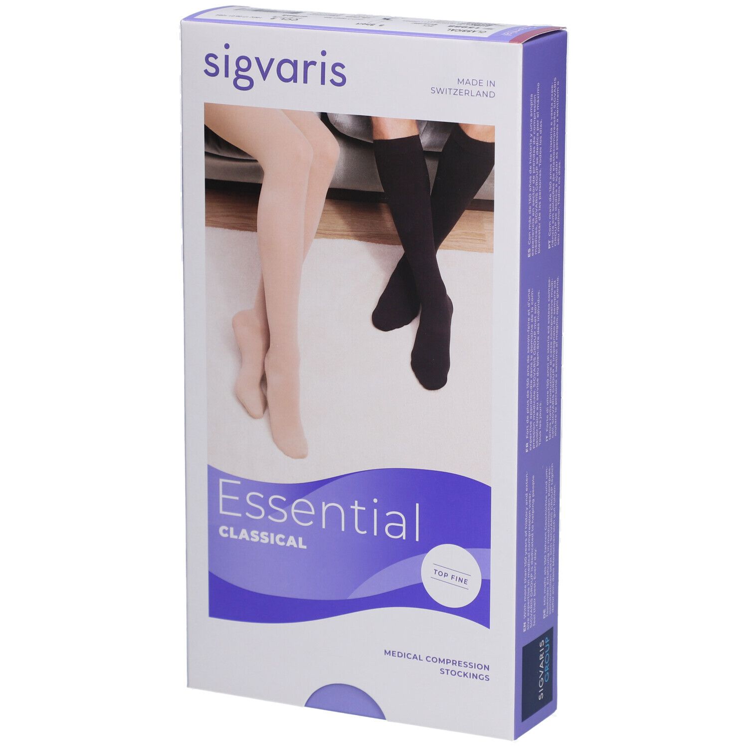 Verpackung von SIGVARIS Essential Classical Kompressionsstrümpfen. Abgebildet sind Strümpfe in Beige und Schwarz.