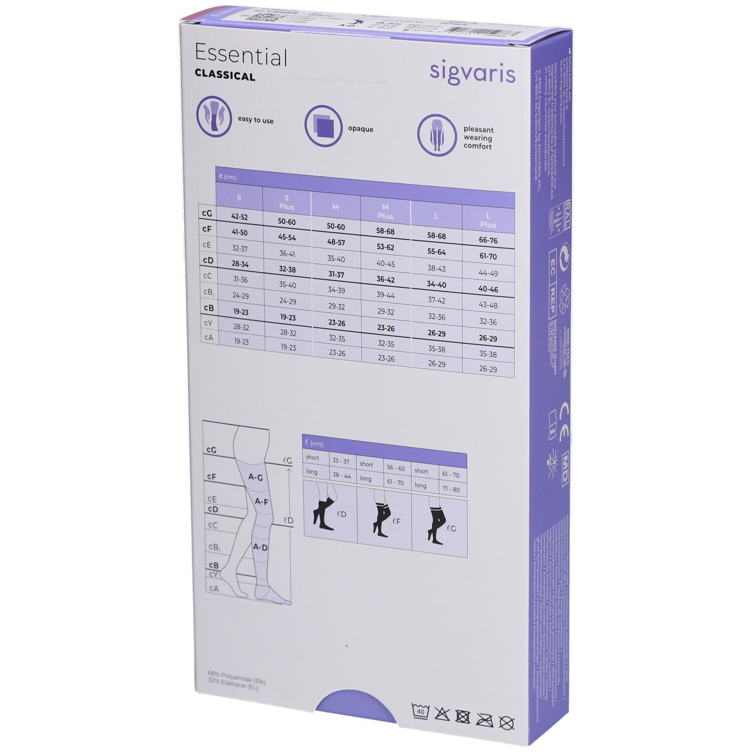Rückseite der Verpackung von SIGVARIS Essential Classical. Größentabelle und Piktogramme sind abgebildet.