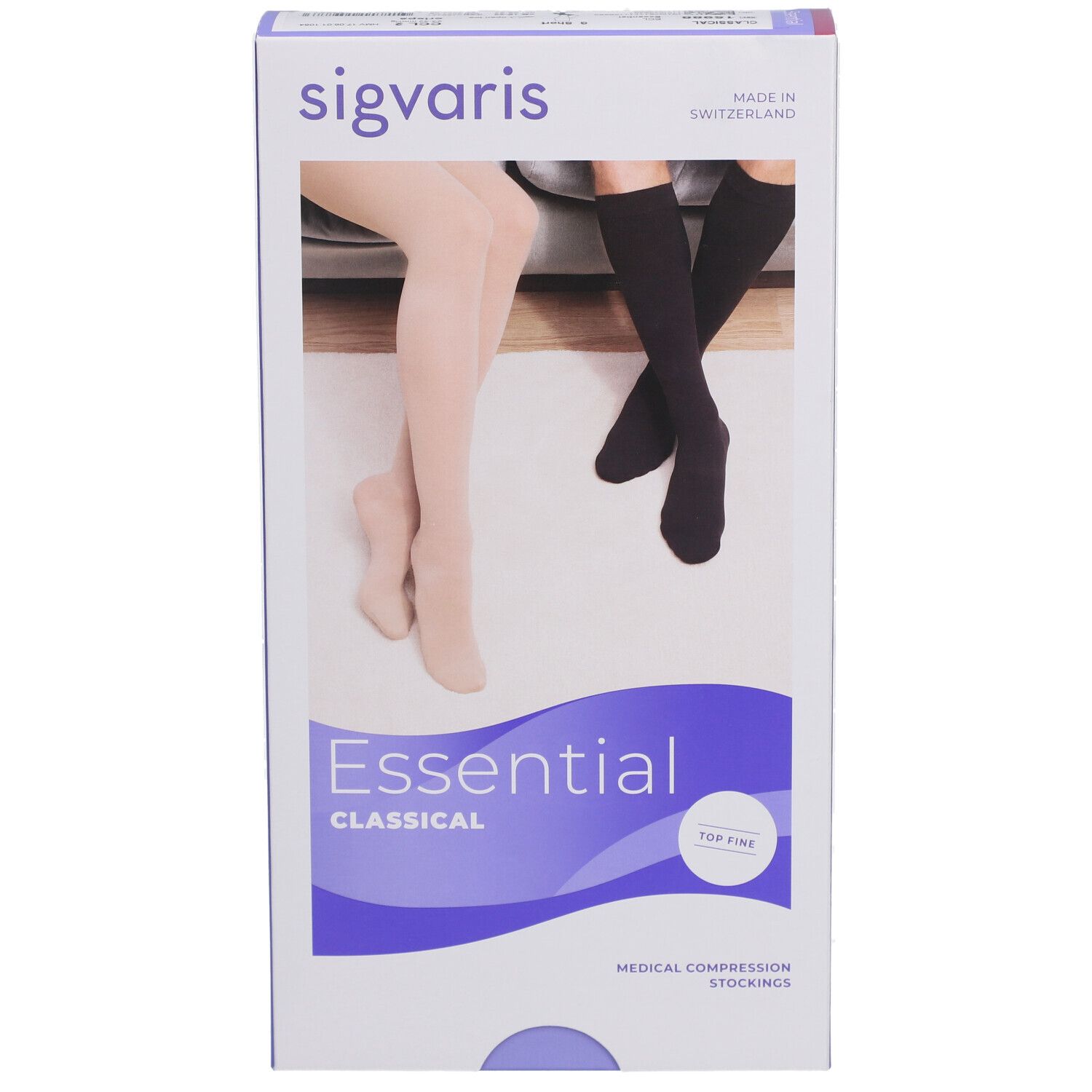 Verpackung von SIGVARIS Essential Classical Kompressionsstrümpfen. Abgebildet sind Strümpfe in Beige und Schwarz.