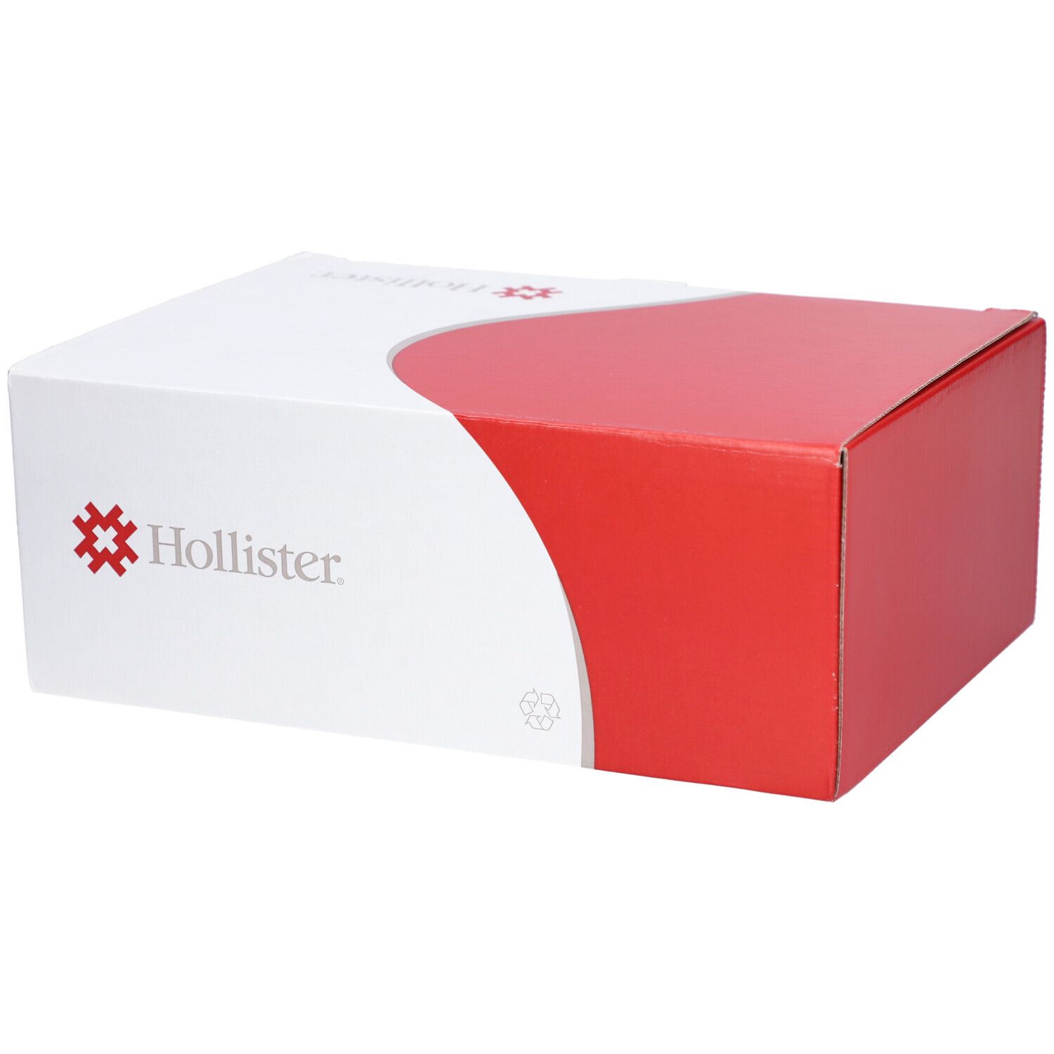 Kartonverpackung, weiß mit rotem Deckel. Hollister-Logo. Recycling-Symbol.