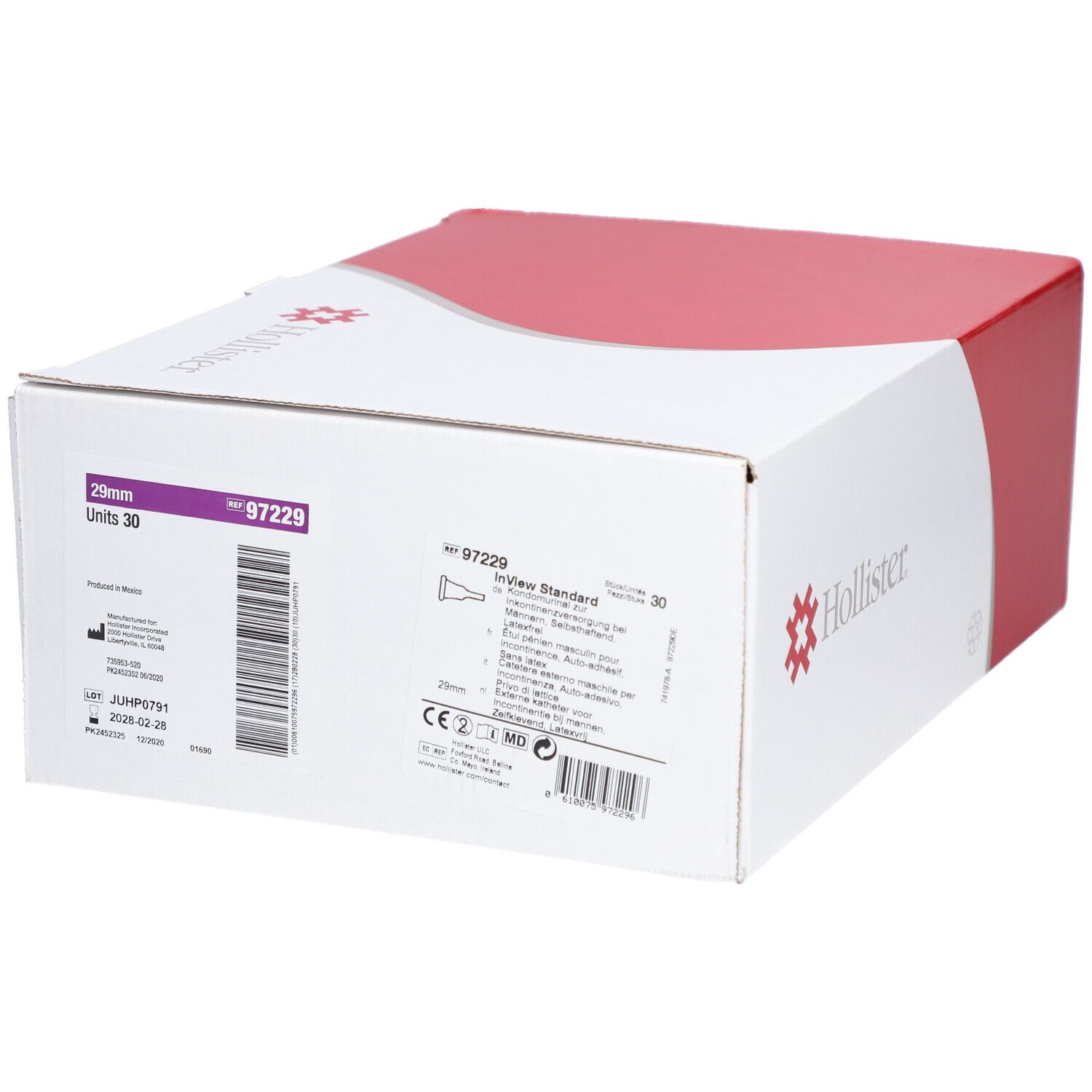 Kartonverpackung, weiß mit rotem Deckel. Hollister-Logo. Produktinformationen, Barcode, 29mm, 30 Stück.
