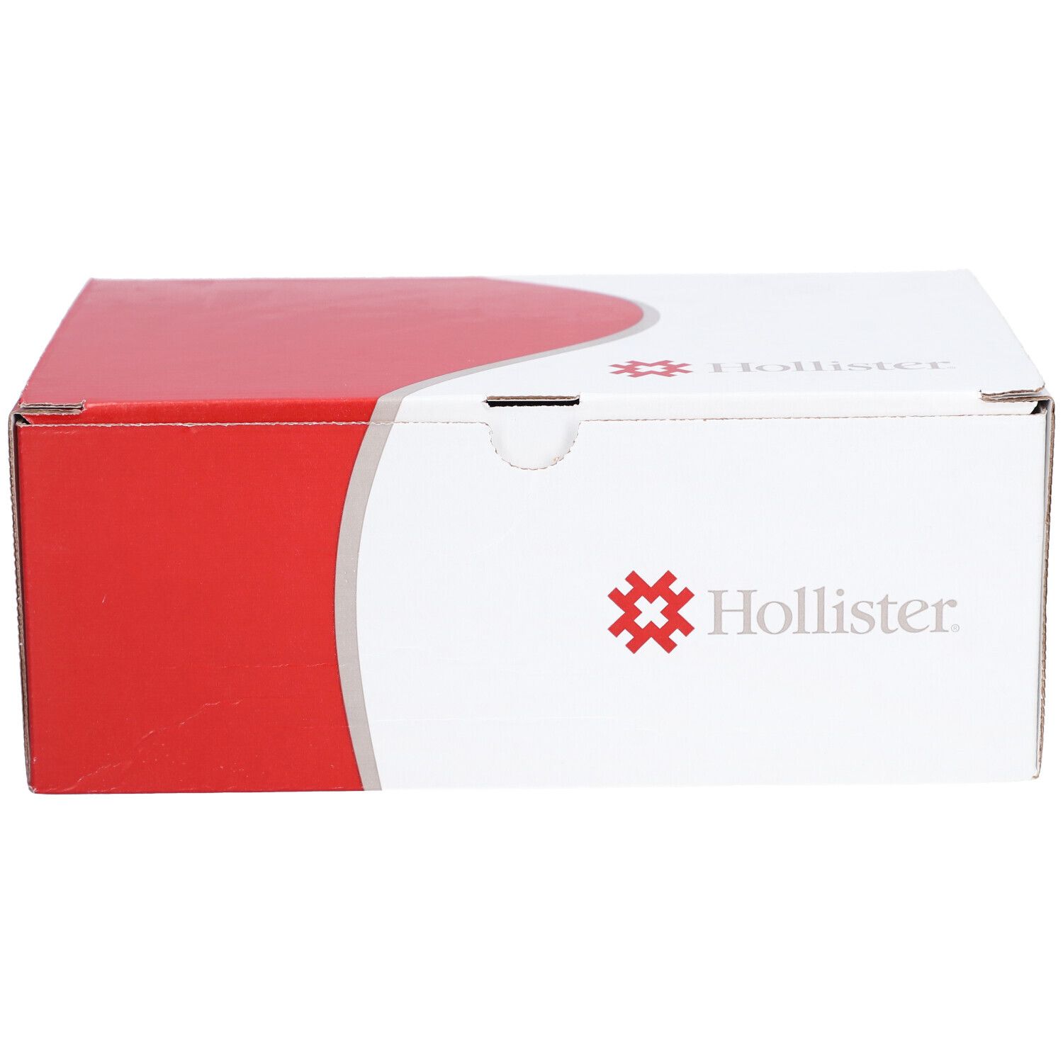 Kartonverpackung, weiß mit rotem Deckel. Hollister-Logo.