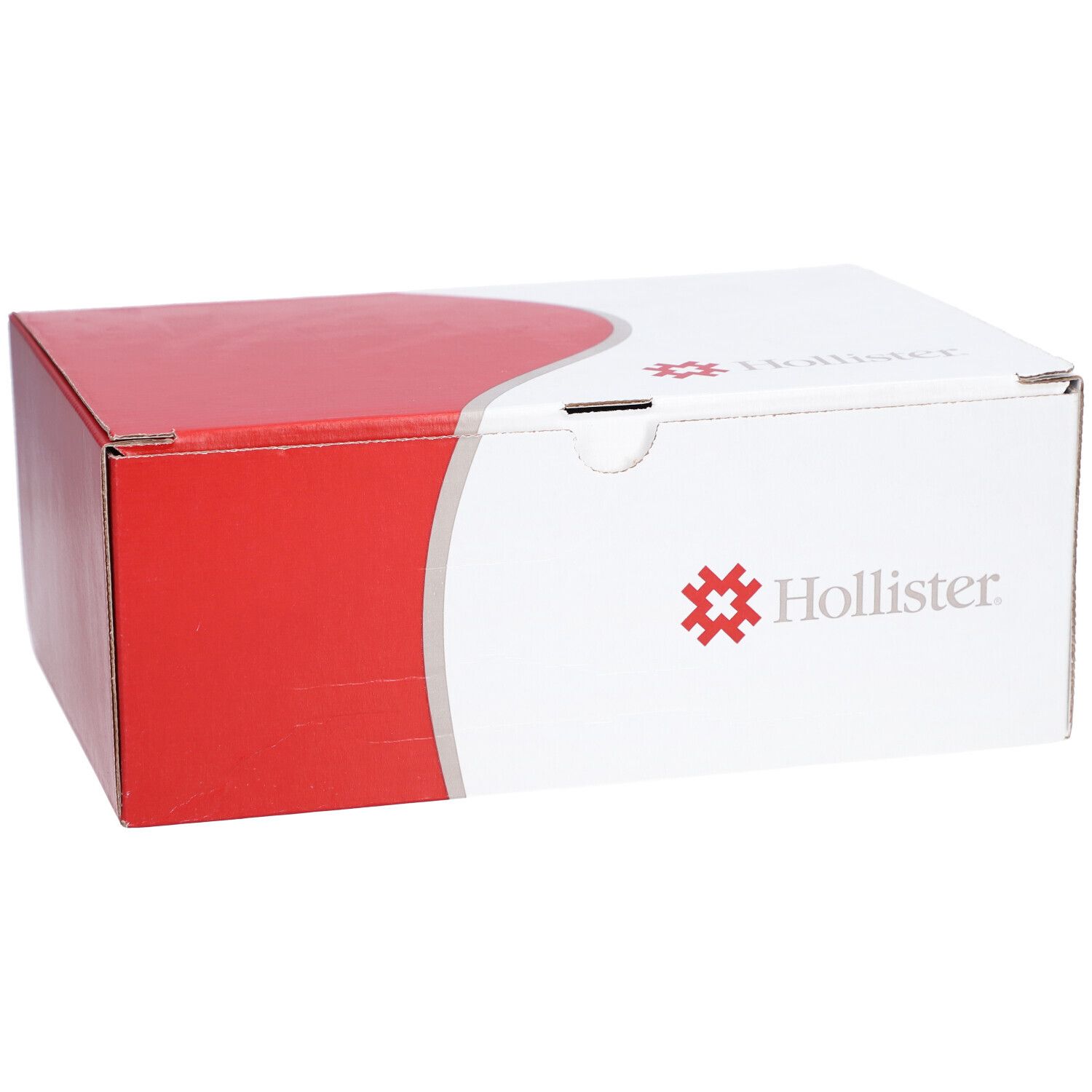 Kartonverpackung, weiß mit rotem Deckel. Hollister-Logo.