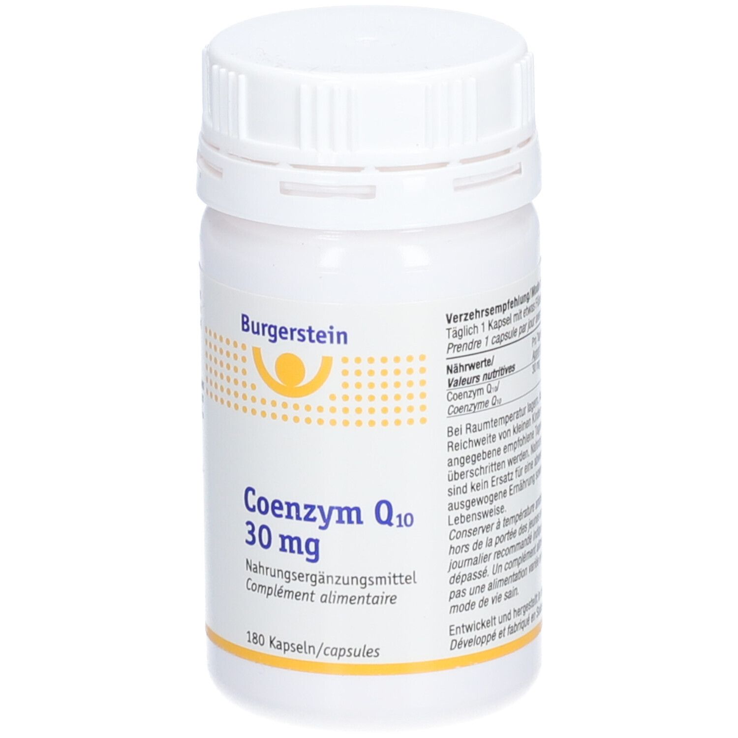 Weiße Flasche mit Schraubverschluss. Aufschrift: Burgerstein, Coenzym Q10 30 mg, Nahrungsergänzungsmittel, 180 Kapseln. Text.