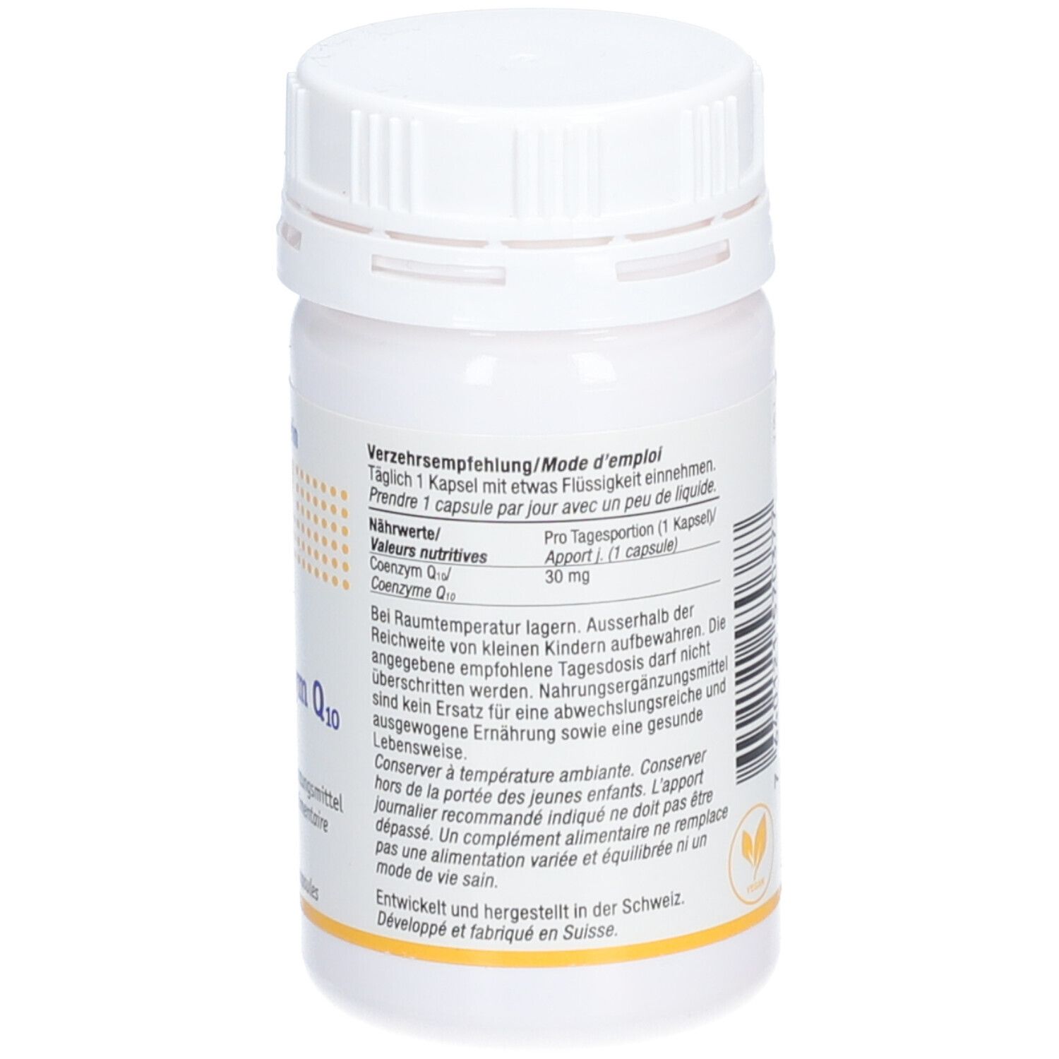 Weiße Flasche mit Schraubverschluss. Text: Verzehrsempfehlung, Nährwerte, Coenzym Q10 30 mg. Logo.