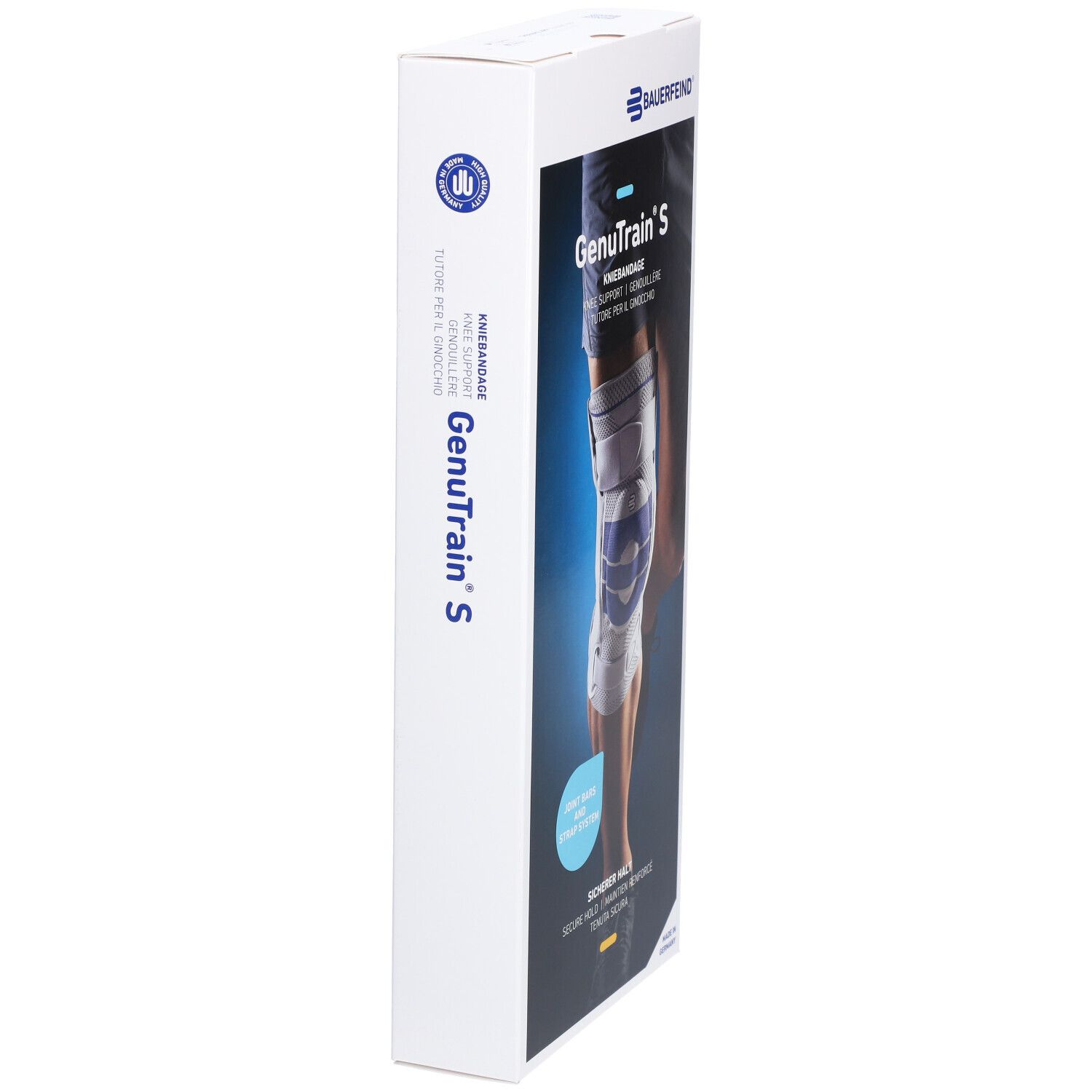 Verpackung der Kniebandage GenuTrain S. Marke Bauerfeind. Seitenansicht. Text: Kniebandage, Knie Support, Made in Germany.