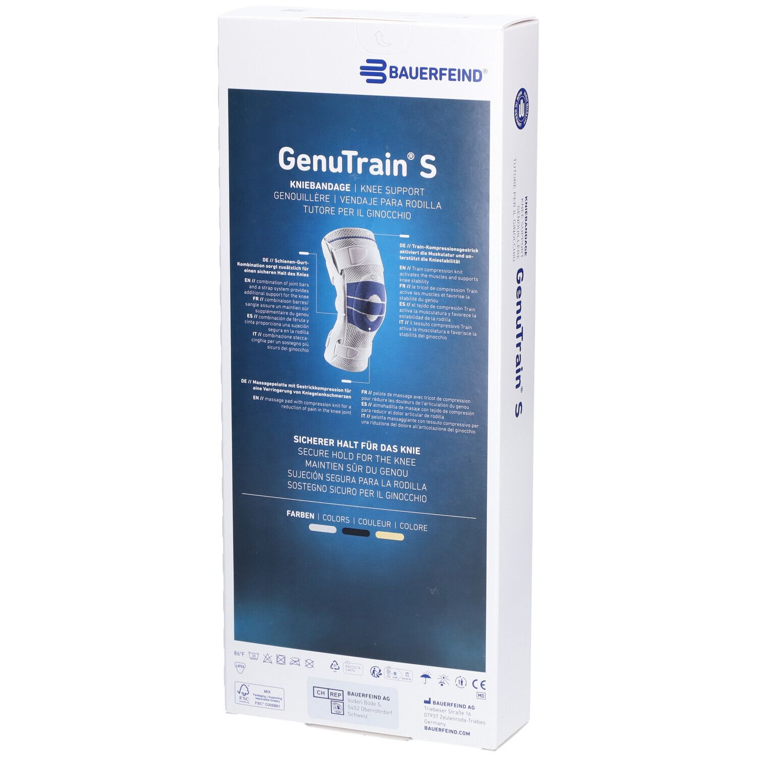Verpackung der Kniebandage GenuTrain S. Marke Bauerfeind. Rückseite mit Produktinformationen. Text: Kniebandage, Farben, CE-Zeichen.