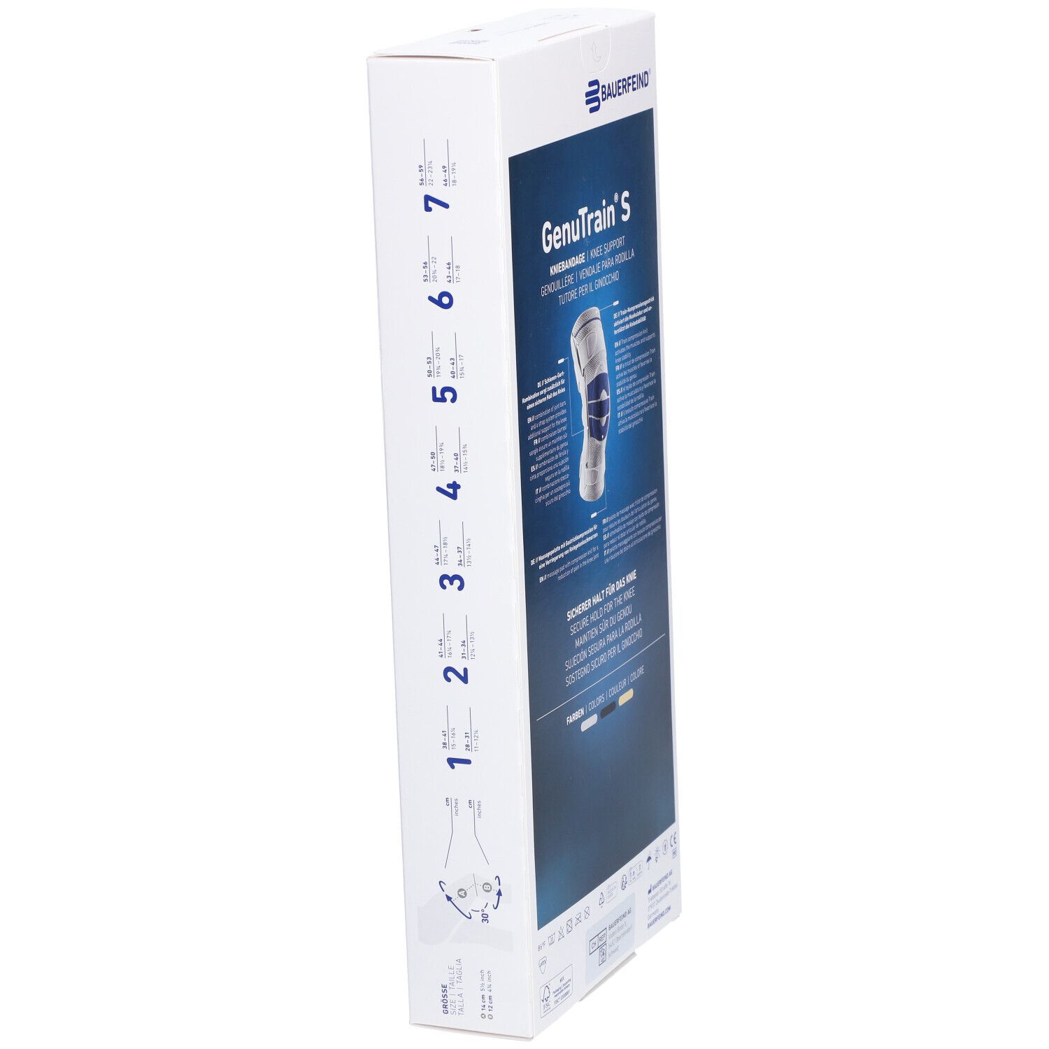 Verpackung der Kniebandage GenuTrain S. Marke Bauerfeind. Seitenansicht mit Größenangaben. Text: Kniebandage, Größen.
