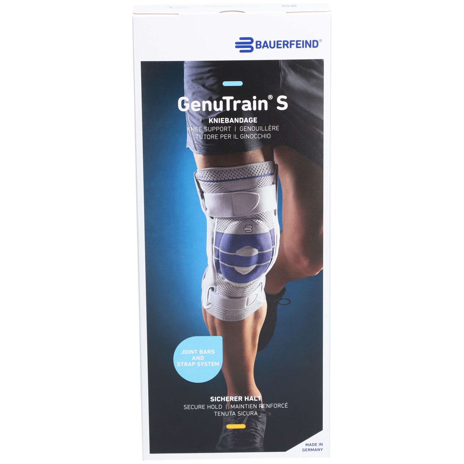 Verpackung der Kniebandage GenuTrain S. Marke Bauerfeind. Produktabbildung mit Bein. Text: Kniebandage, Knie Support, Joint Bars.