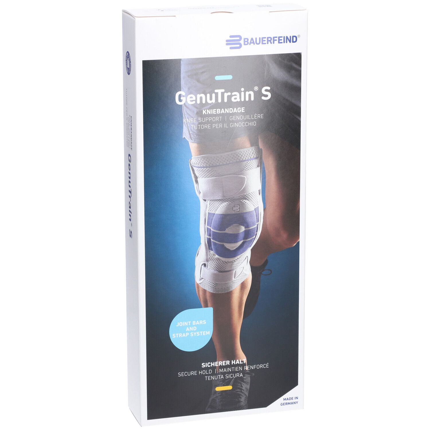 Verpackung der Kniebandage GenuTrain S. Marke Bauerfeind. Produktabbildung mit Bein. Text: Kniebandage, Knie Support, Joint Bars.