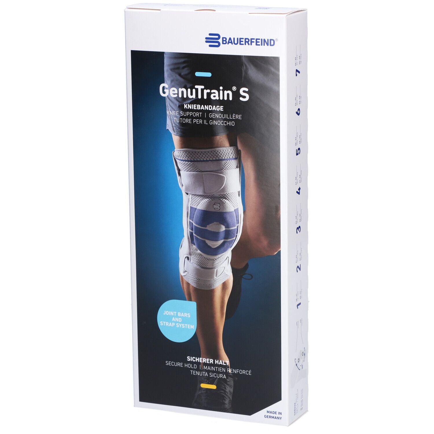 Kniebandage in Verpackung. Marke: BAUERFEIND. Produktname: GenuTrain S. Text: Kniebandage, Joint Bar and Strap System, Sicherer Halt.