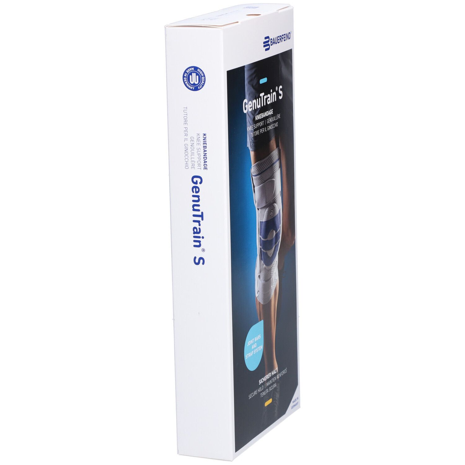 Verpackung der Kniebandage GenuTrain S. Marke: BAUERFEIND. Text: Kniebandage, Joint Bar and Strap System, Sicherer Halt. Seitenansicht.