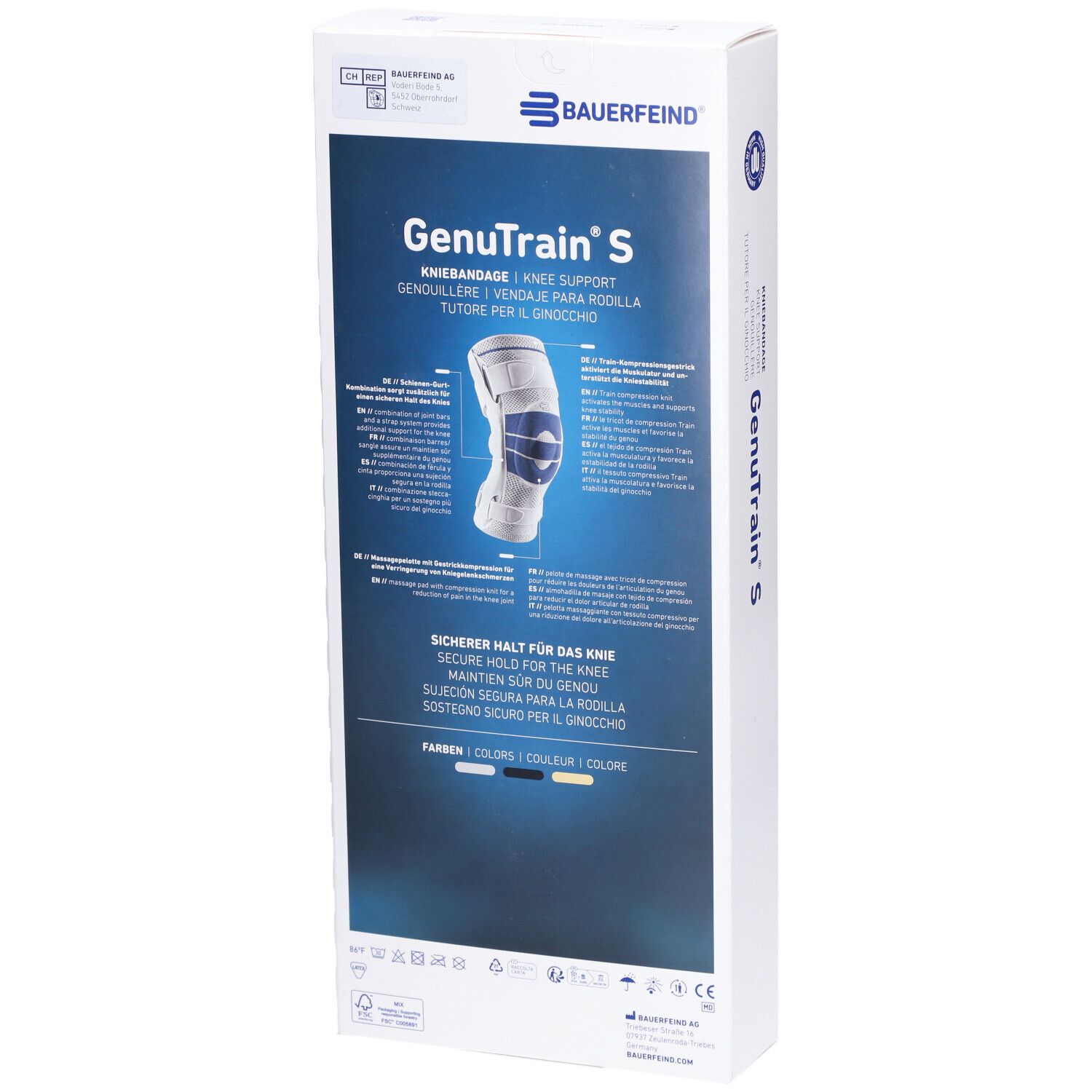 Rückseite der Verpackung der Kniebandage GenuTrain S. Marke: BAUERFEIND. Produktabbildung und Produktinformationen.
