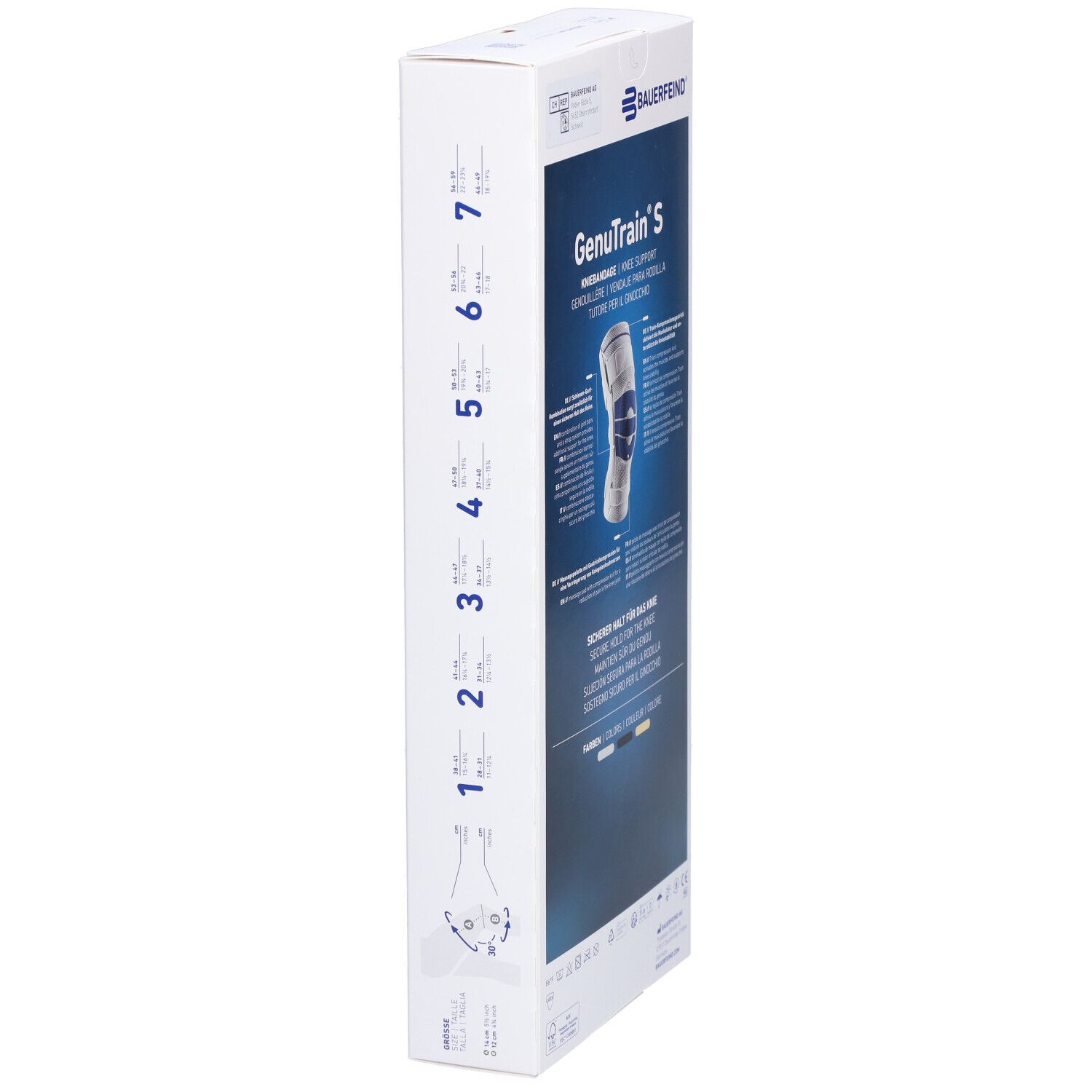 Verpackung der Kniebandage GenuTrain S. Marke: BAUERFEIND. Seitenansicht mit Größenangaben. Produktabbildung.