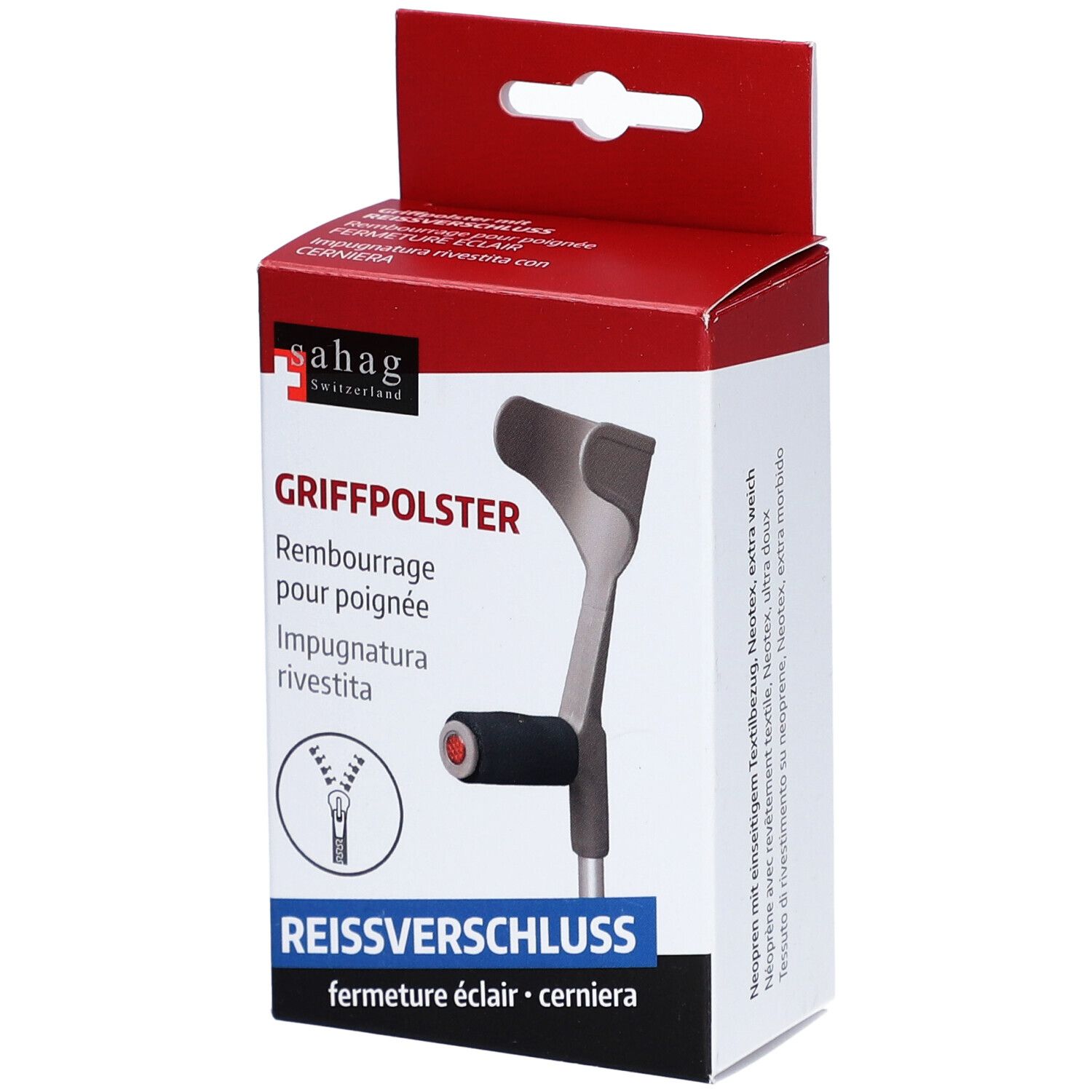 Emballage Griffpolster. Fermeture éclair, matériau Neotex. Marque sahag.