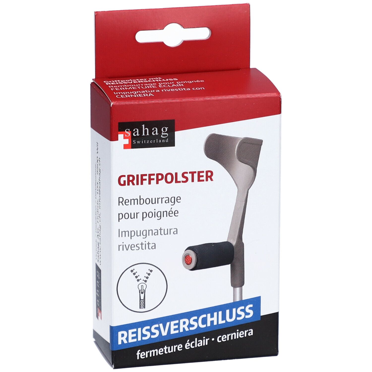 Emballage Griffpolster. Fermeture éclair, matériau Neotex. Marque sahag.