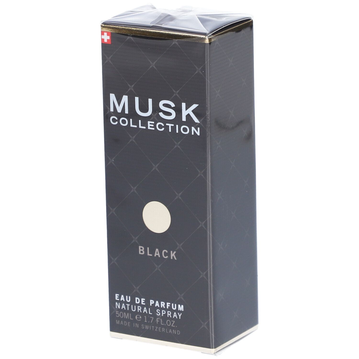 Schwarze rechteckige Verpackung mit Aufschrift MUSK COLLECTION BLACK. Schweizer Flagge. Eau de Parfum Natural Spray.