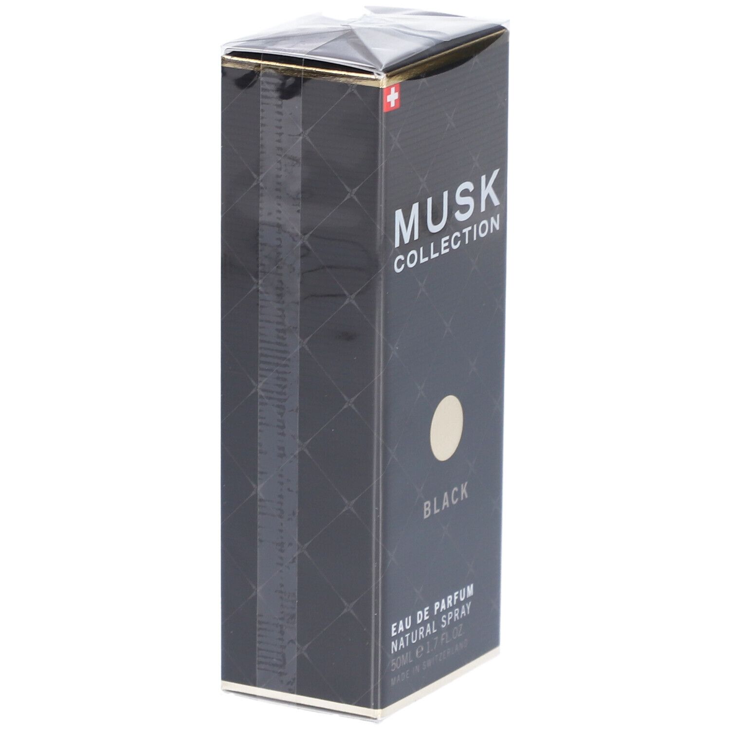 Schwarze rechteckige Verpackung mit Aufschrift MUSK COLLECTION BLACK. Schweizer Flagge. Eau de Parfum Natural Spray.