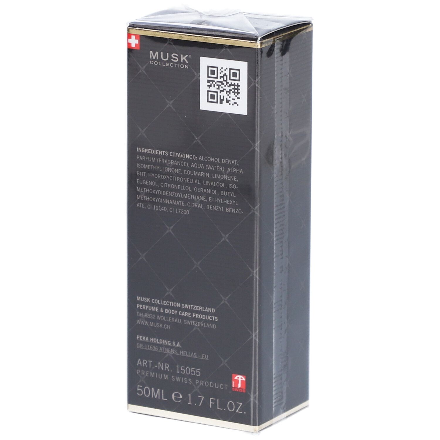 Schwarze Verpackung mit Text und QR-Code. Enthält Inhaltsstoffe, Herstellerinformationen und Schweizer Flagge.