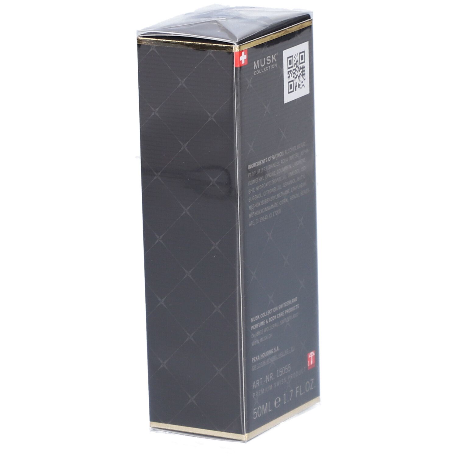 Schwarze Verpackung mit Text und QR-Code. Enthält Inhaltsstoffe, Herstellerinformationen und Schweizer Flagge.