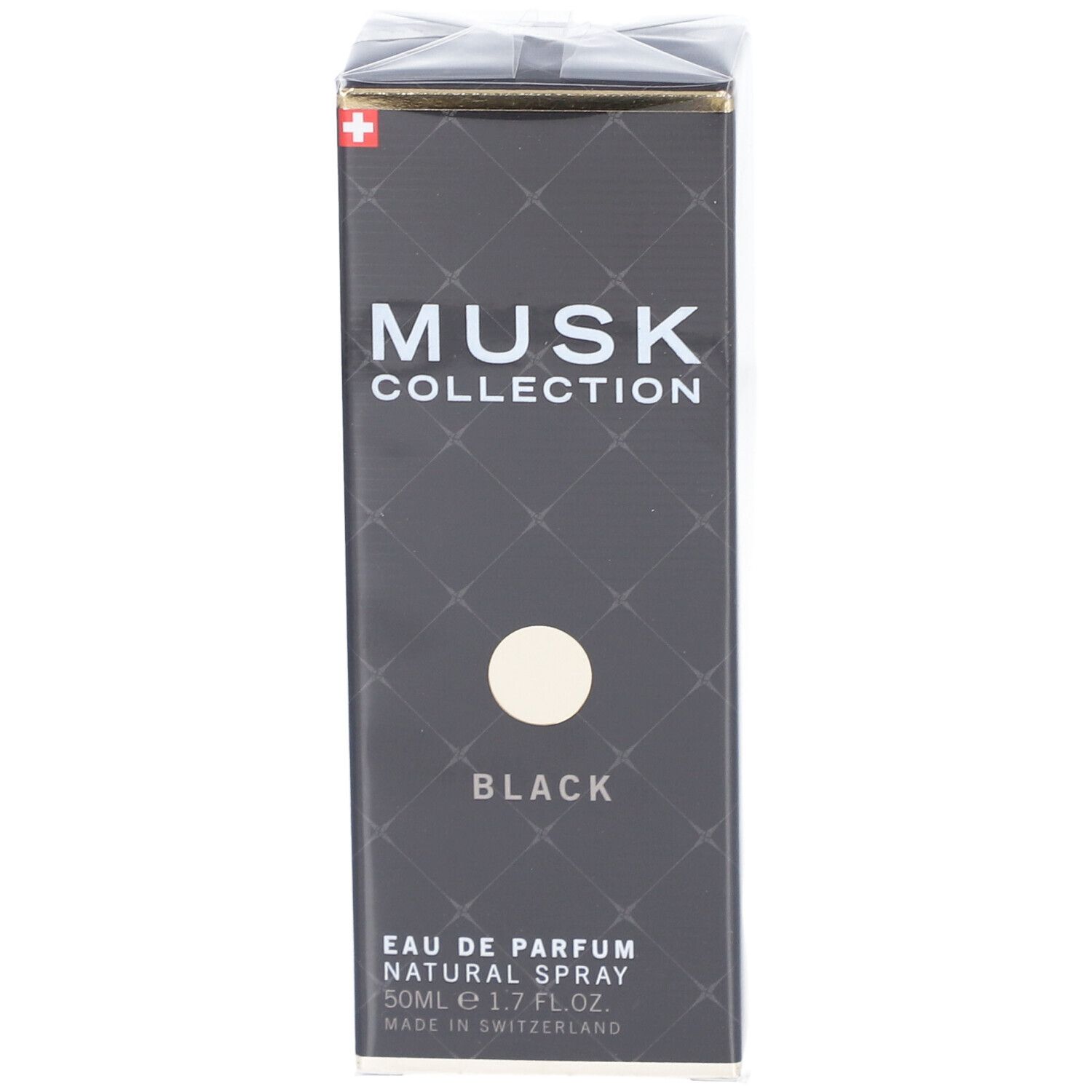 Schwarze rechteckige Verpackung mit Aufschrift MUSK COLLECTION BLACK. Schweizer Flagge. Eau de Parfum Natural Spray.