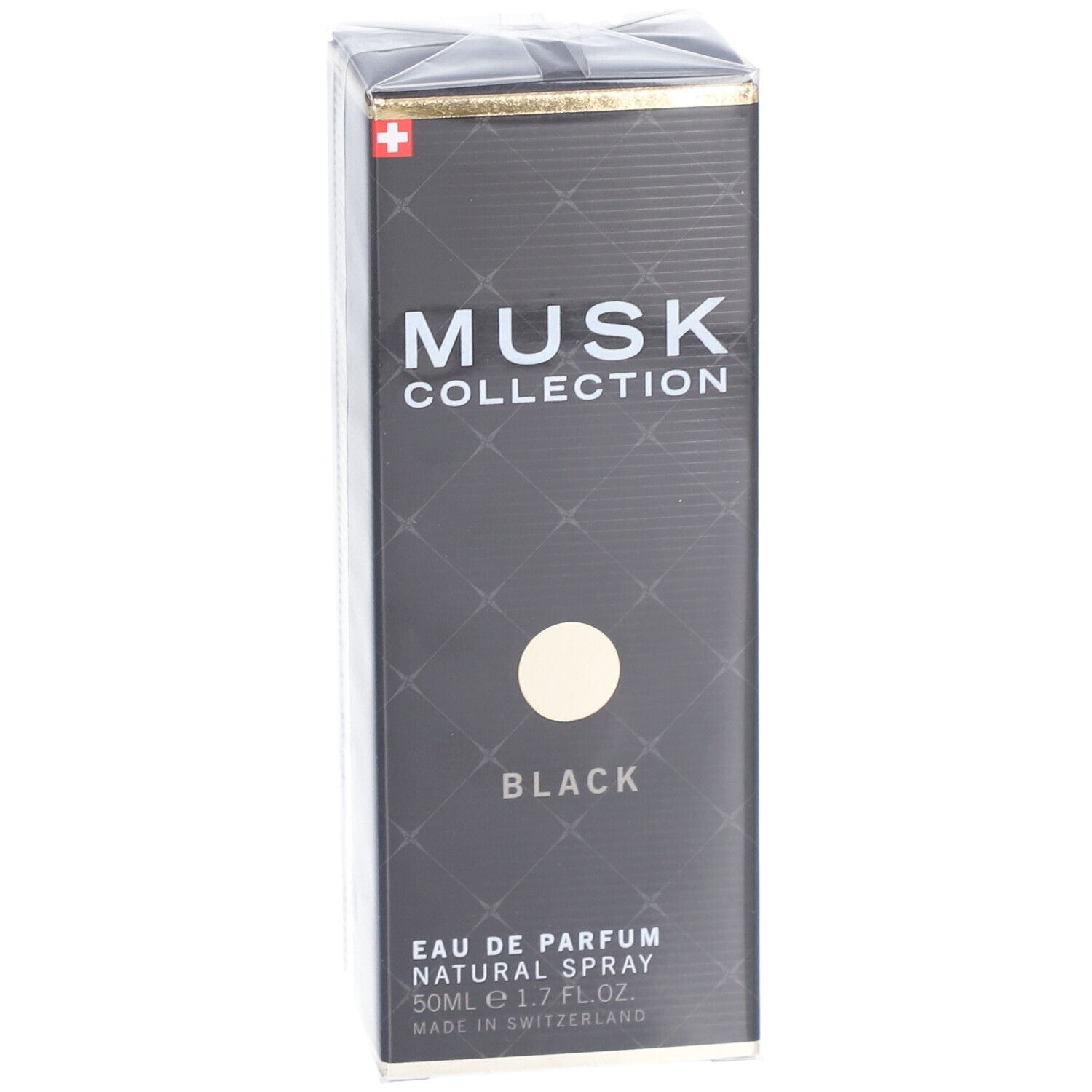 Schwarze rechteckige Verpackung mit Aufschrift MUSK COLLECTION BLACK. Schweizer Flagge. Eau de Parfum Natural Spray.