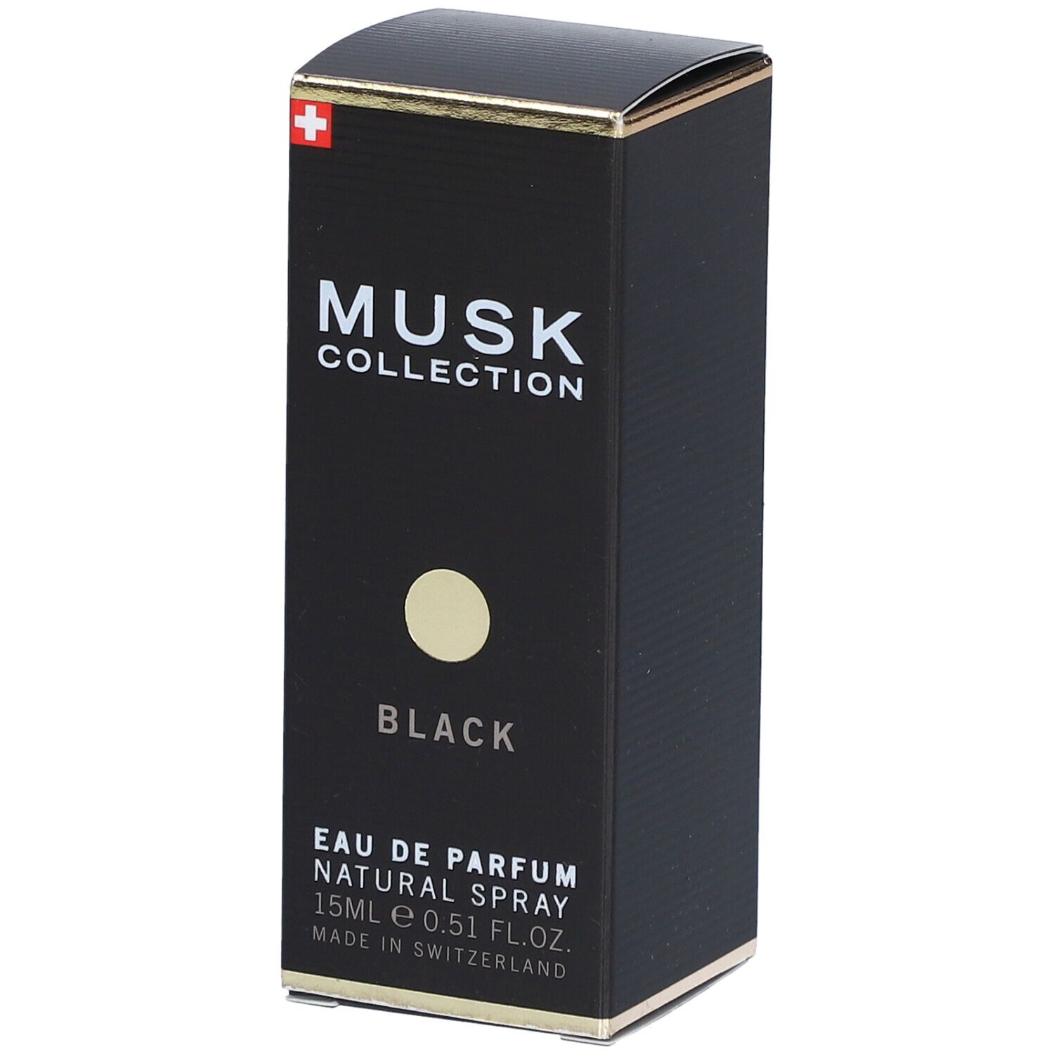 Schwarze rechteckige Schachtel mit goldfarbenen Akzenten. Aufschrift: MUSK COLLECTION BLACK. Eau de Parfum, 15ml, Natural Spray. Hergestellt in der Schweiz.