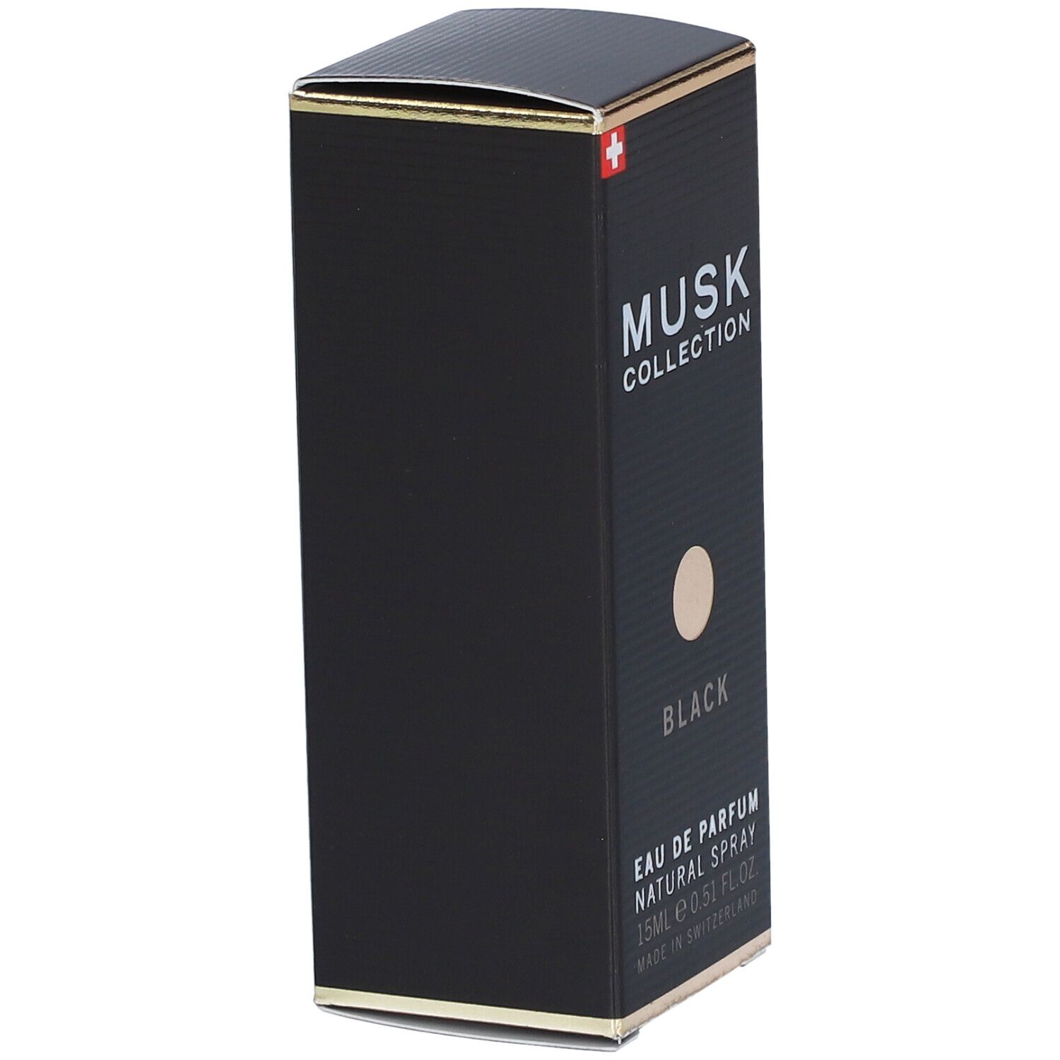 Schwarze rechteckige Schachtel mit goldfarbenen Akzenten. Aufschrift: MUSK COLLECTION BLACK. Eau de Parfum, 15ml, Natural Spray. Hergestellt in der Schweiz.
