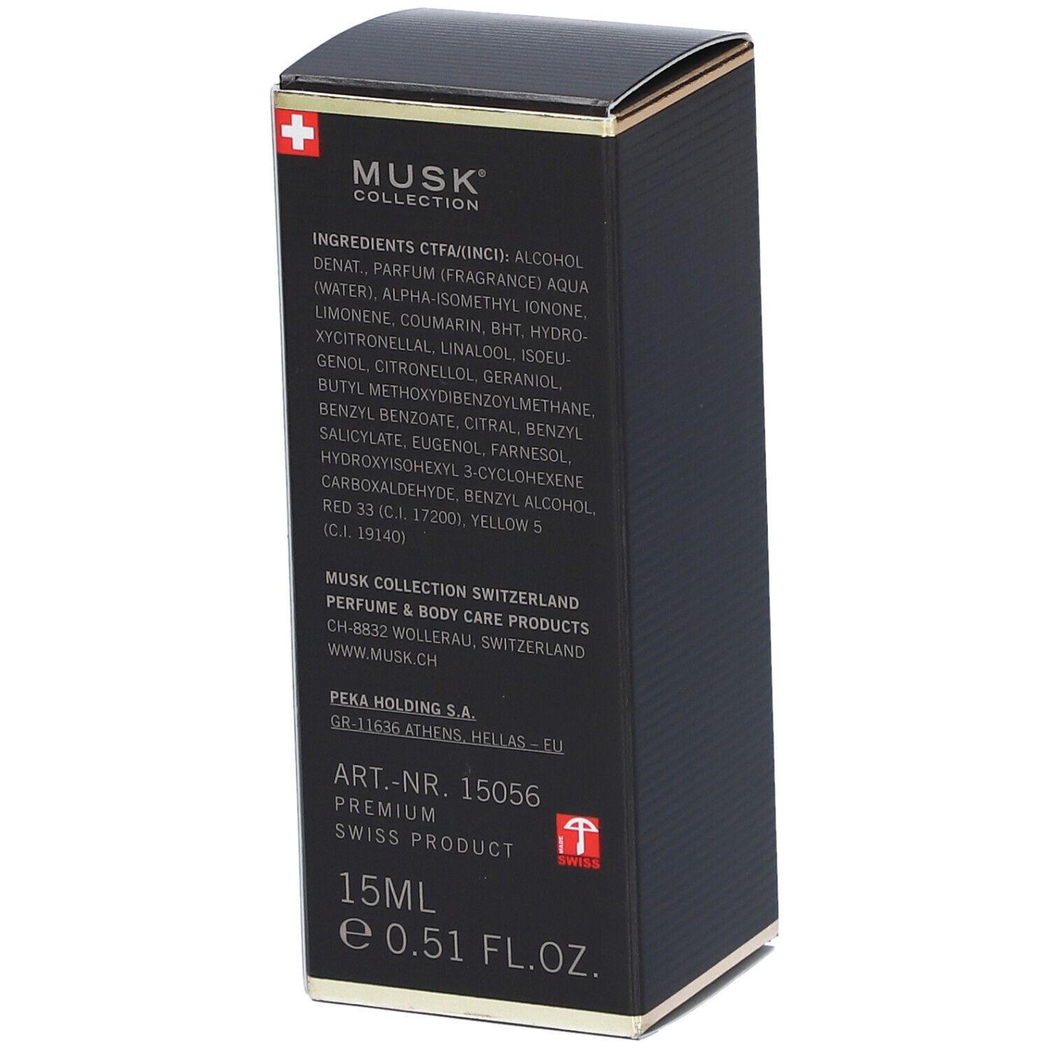 Schwarze rechteckige Schachtel mit goldfarbenen Akzenten. Aufschrift: MUSK COLLECTION, Inhaltsstoffe, 15ml, Swiss Made. Schweizer Kreuz.