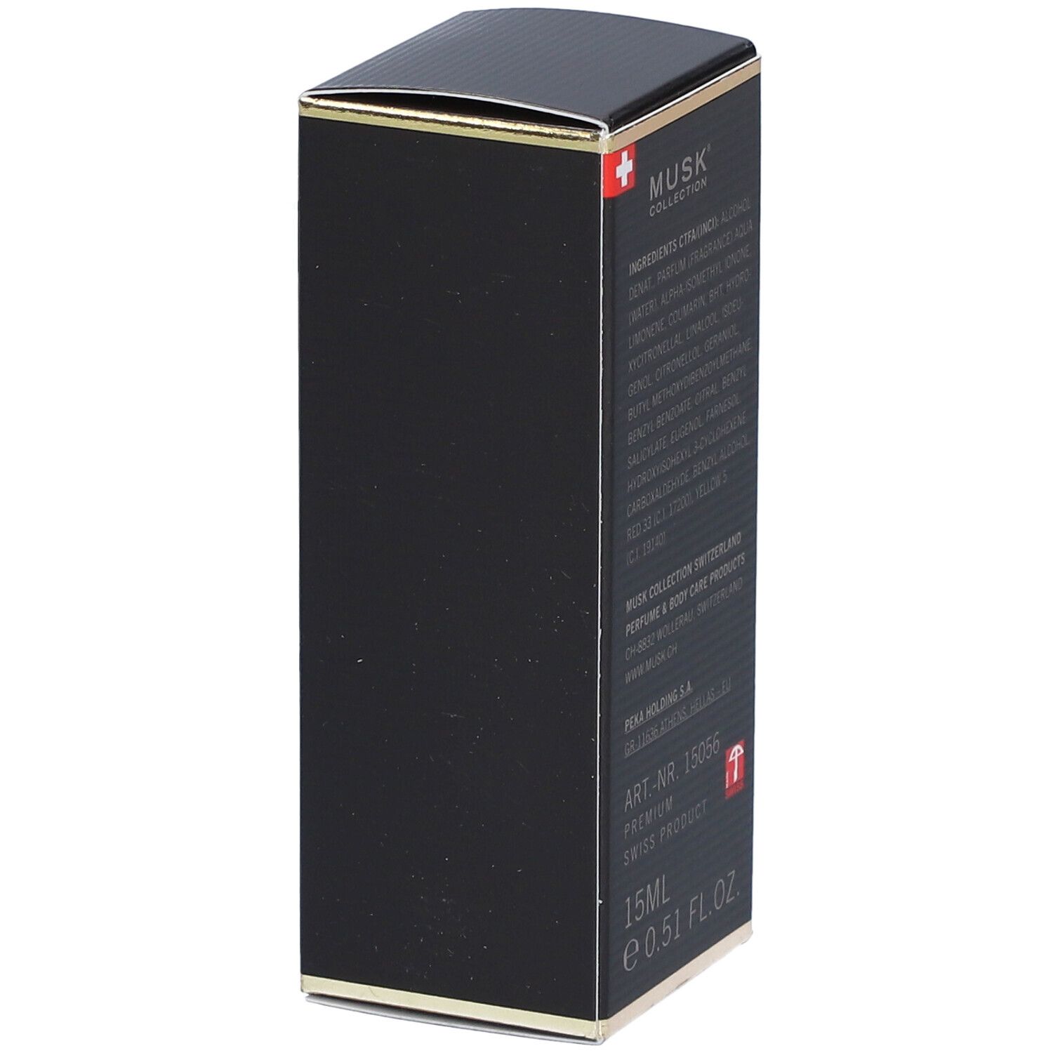 Schwarze rechteckige Schachtel mit goldfarbenen Akzenten. Aufschrift: MUSK COLLECTION, Inhaltsstoffe, 15ml, Swiss Made. Schweizer Kreuz.