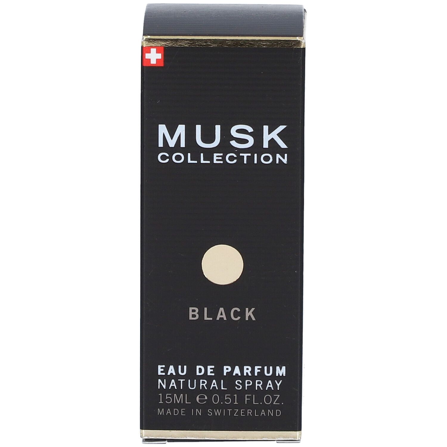 Schwarze rechteckige Schachtel mit goldfarbenen Akzenten. Aufschrift: MUSK COLLECTION BLACK. Eau de Parfum, 15ml, Natural Spray. Schweizer Kreuz.