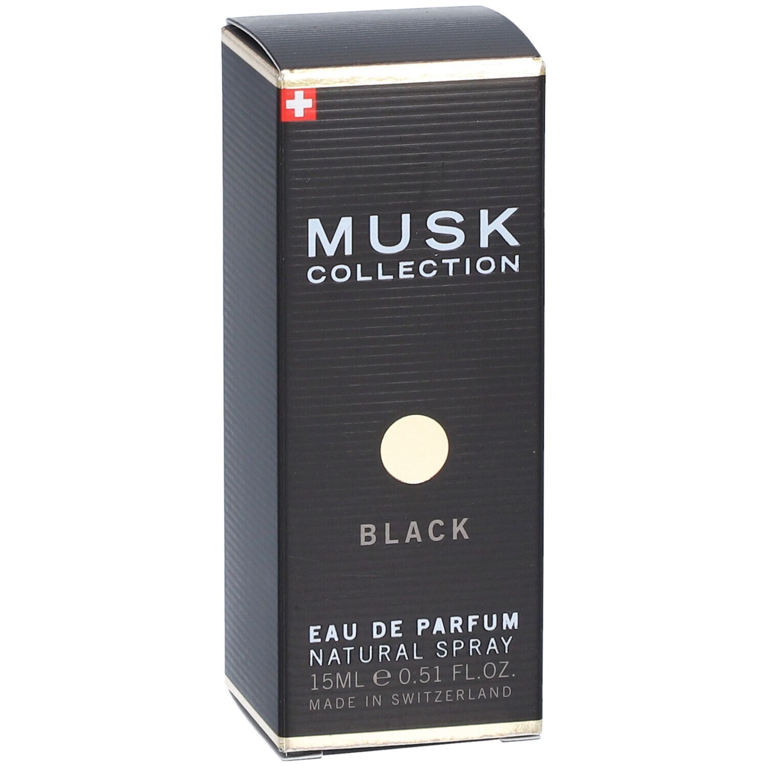 Schwarze rechteckige Schachtel mit goldfarbenen Akzenten. Aufschrift: MUSK COLLECTION BLACK. Eau de Parfum, 15ml, Natural Spray. Schweizer Kreuz.