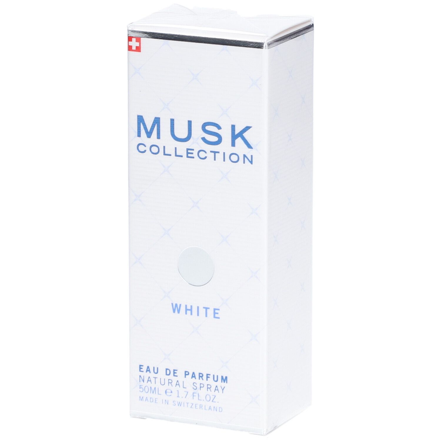 Weiße rechteckige Verpackung. Oben: MUSK COLLECTION, darunter WHITE. Eau de Parfum, Natural Spray. Hergestellt in der Schweiz.