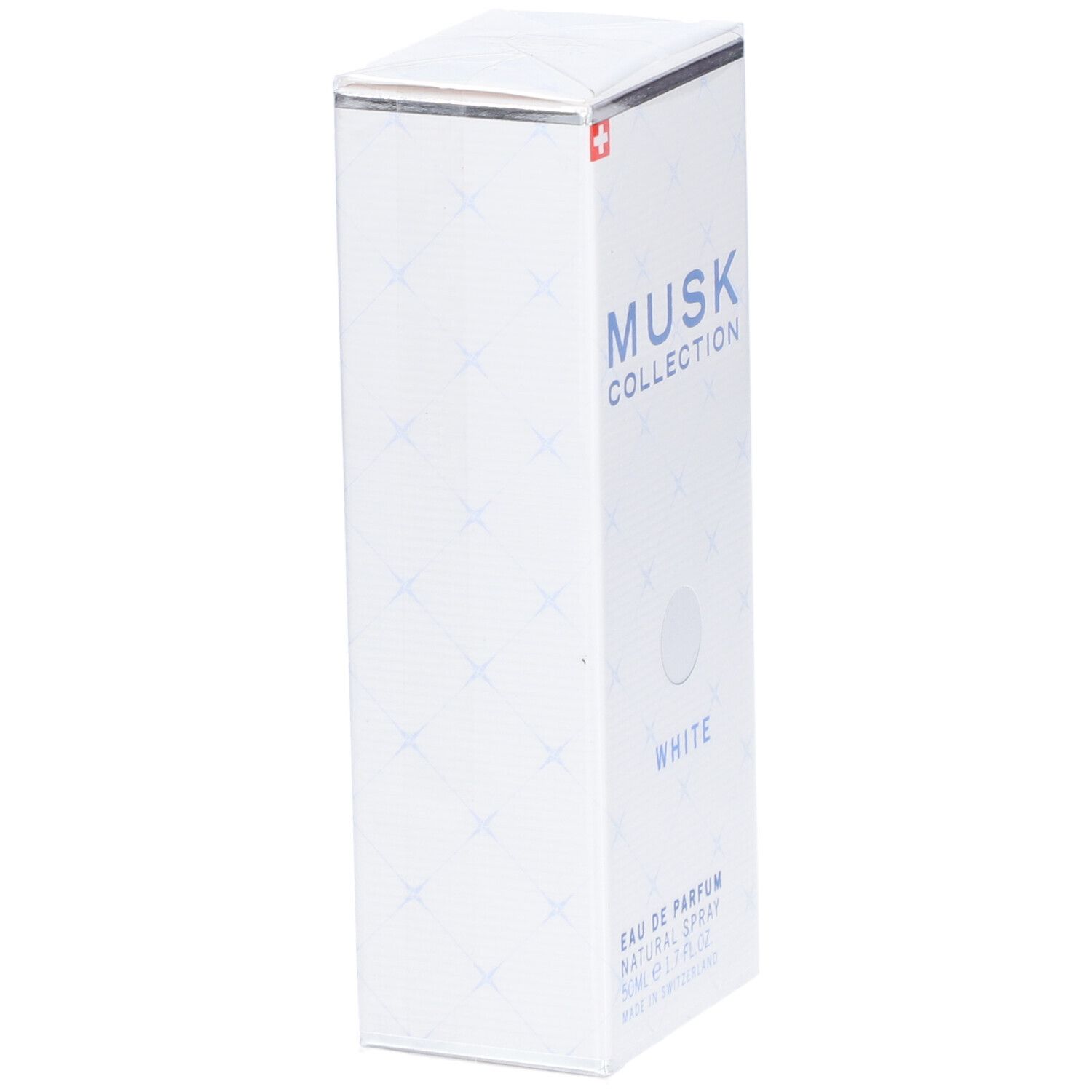 Weiße rechteckige Verpackung. MUSK COLLECTION, WHITE, Eau de Parfum, Natural Spray. Hergestellt in der Schweiz.