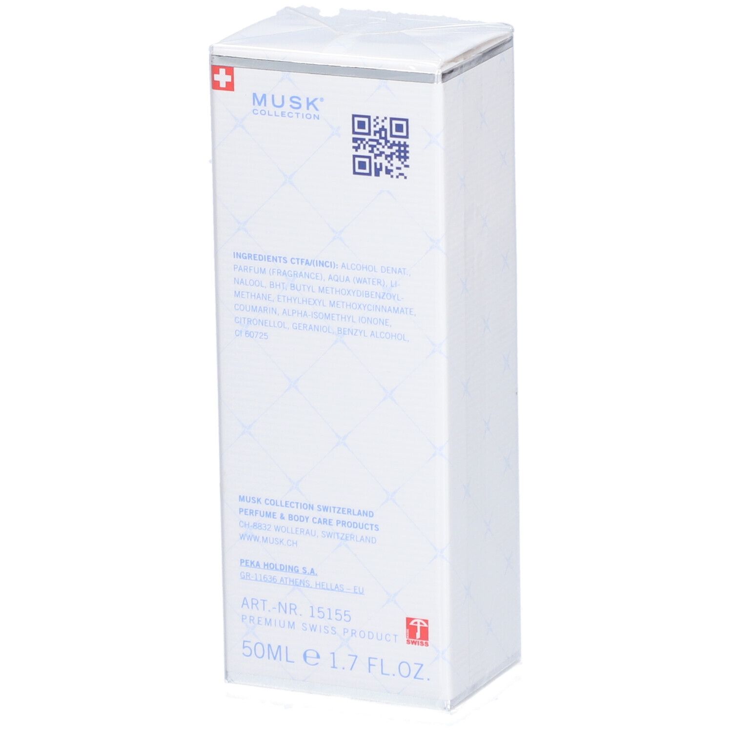 Weiße rechteckige Verpackung. Rückseite mit Inhaltsstoffen, QR-Code, Adresse und Art.-Nr. Premium Swiss Product.