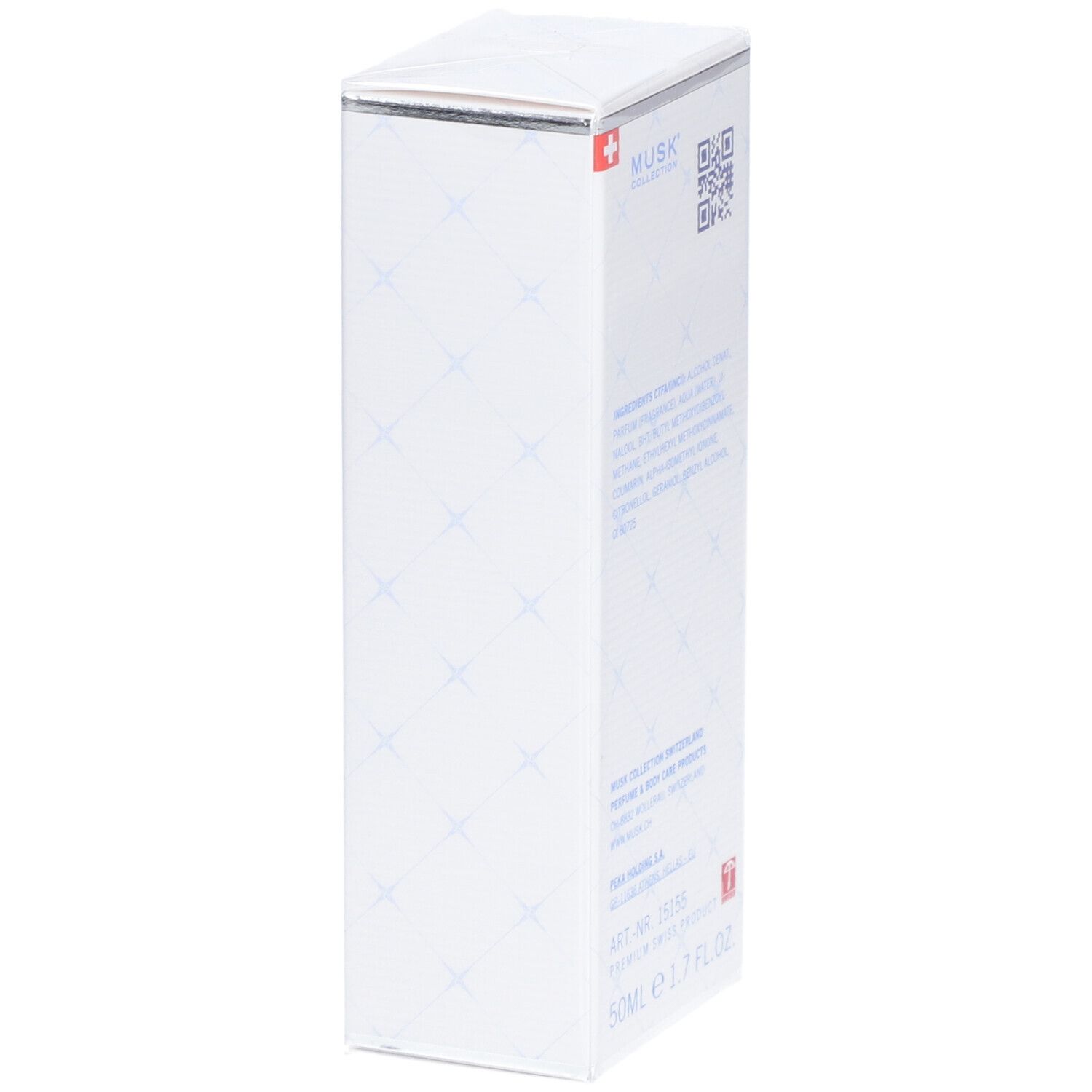 Weiße rechteckige Verpackung. Rückseite mit Inhaltsstoffen, QR-Code, Adresse und Art.-Nr. Premium Swiss Product.