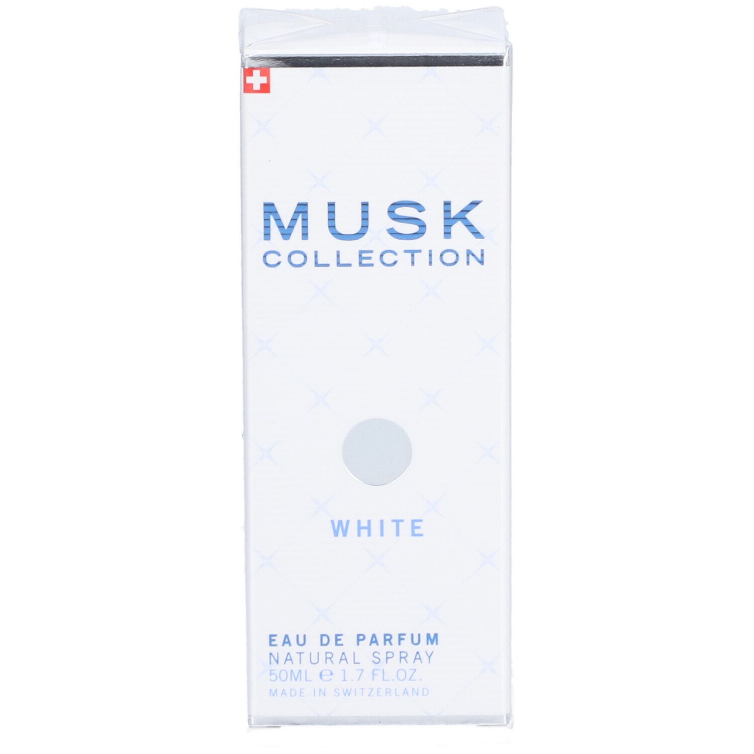 Weiße rechteckige Verpackung. MUSK COLLECTION, WHITE, Eau de Parfum, Natural Spray. Hergestellt in der Schweiz.
