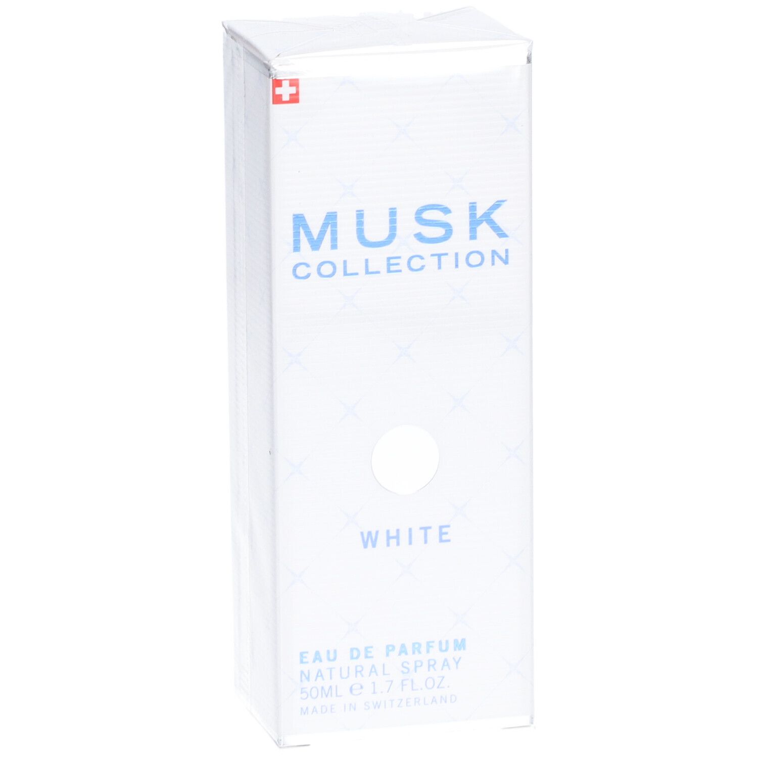 Weiße rechteckige Verpackung. MUSK COLLECTION, WHITE, Eau de Parfum, Natural Spray. Hergestellt in der Schweiz.