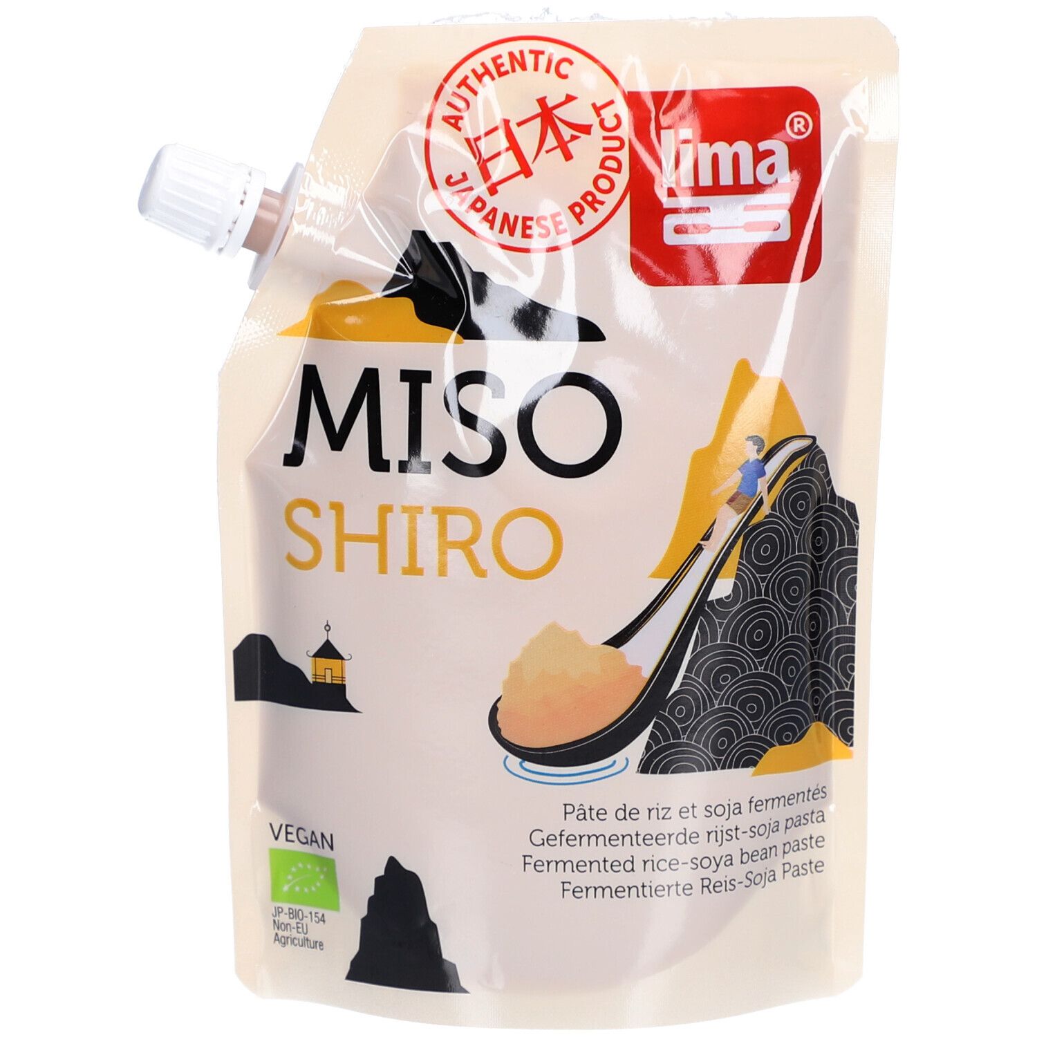 Verpackung mit Miso Shiro. Aufschrift: "Authentic Japanese Product". Vegan-Siegel. Abbildung eines Löffels mit Miso.