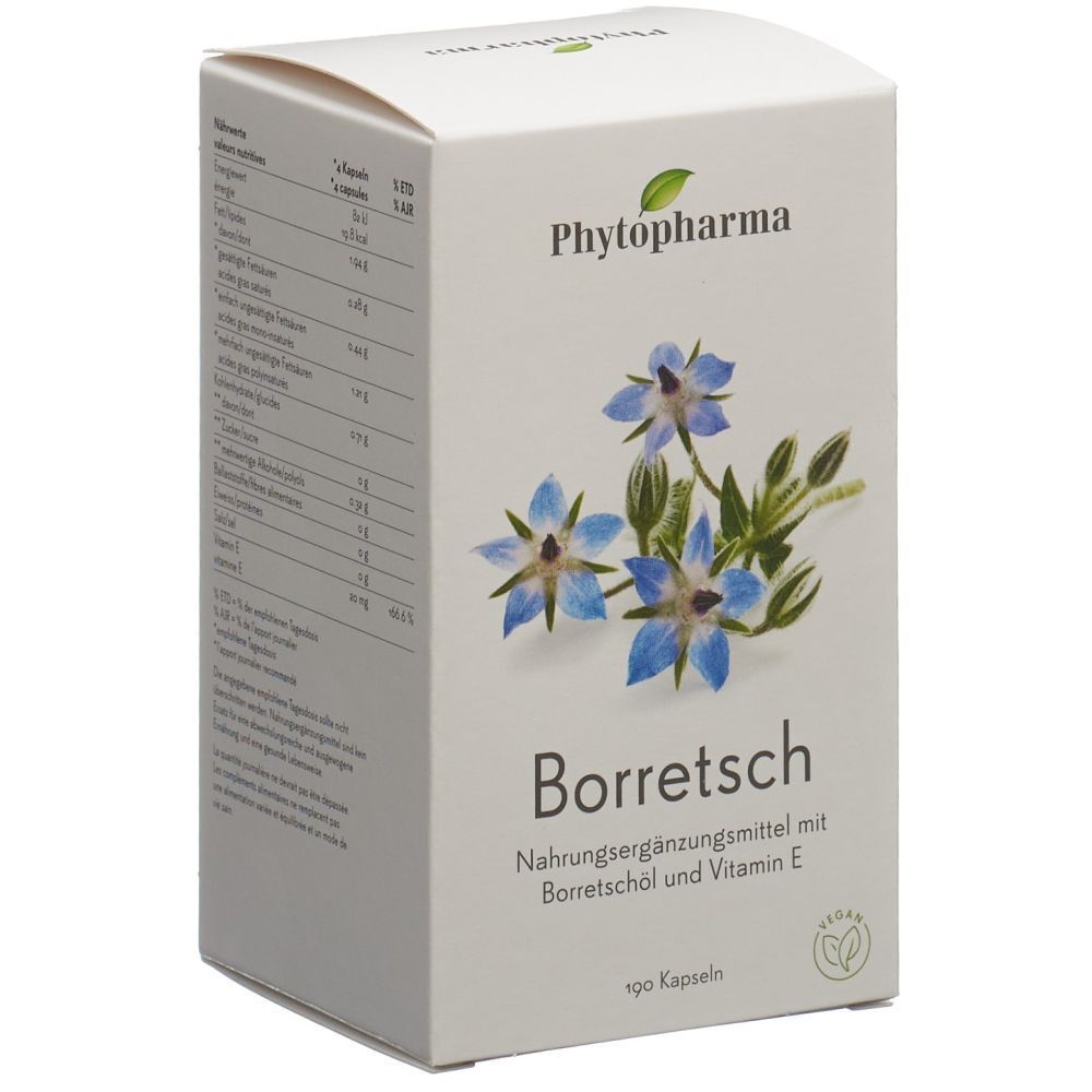 Weiße Schachtel mit PHYTOPHARMA-Logo und Borretsch-Blüten. Aufschrift: Borretsch, Nahrungsergänzungsmittel mit Borretschöl und Vitamin E. 190 Kapseln.