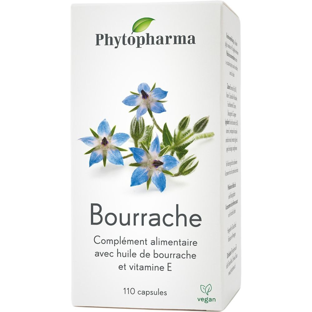 Weiße Schachtel mit Borretsch-Blüten-Illustration. Aufschrift: Phytopharma, Bourrache, 110 Kapseln, vegan.