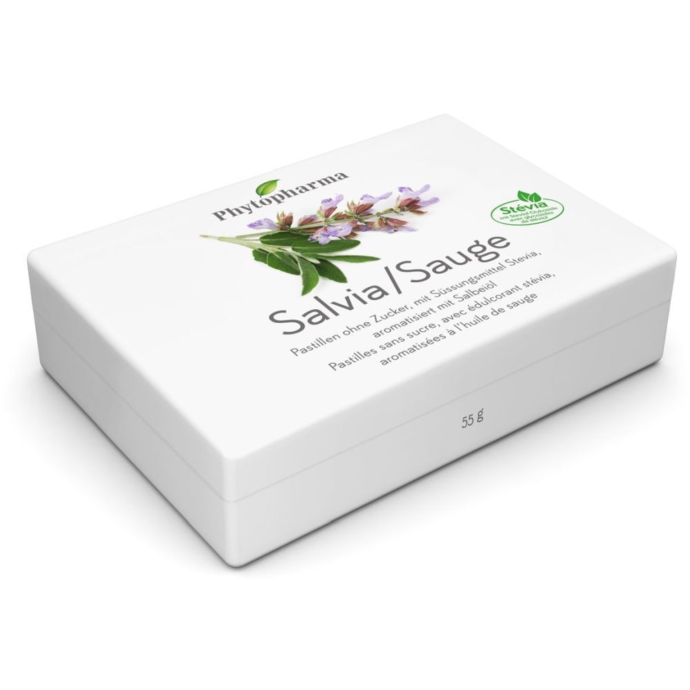 Weiße Schachtel mit Aufdruck. Logo und Schriftzug Salvia/Sauge. Stevia-Siegel. 35g.