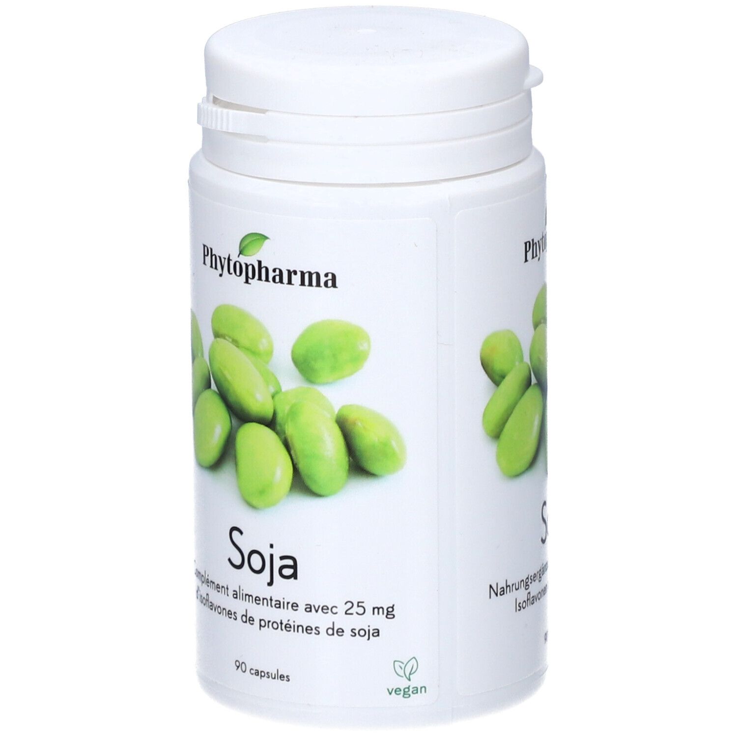 Weiße Dose mit Soja-Kapseln. Aufschrift: Phytopharma, Soja, Nahrungsergänzungsmittel. Vegan-Siegel. Abbildung von Sojabohnen.