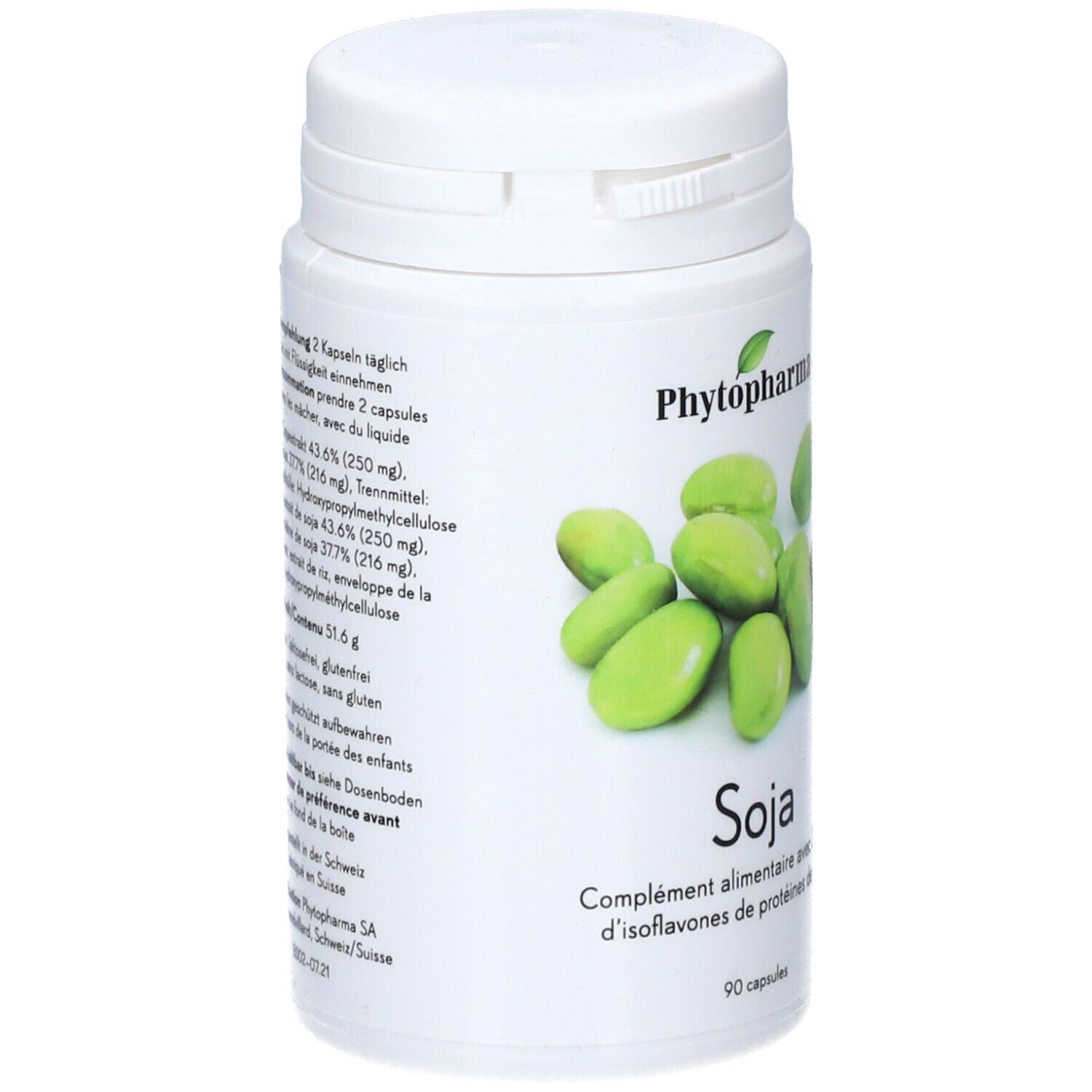 Weiße Dose mit Soja-Kapseln. Aufschrift: Phytopharma, Soja, Nahrungsergänzungsmittel. Vegan-Siegel. Abbildung von Sojabohnen.