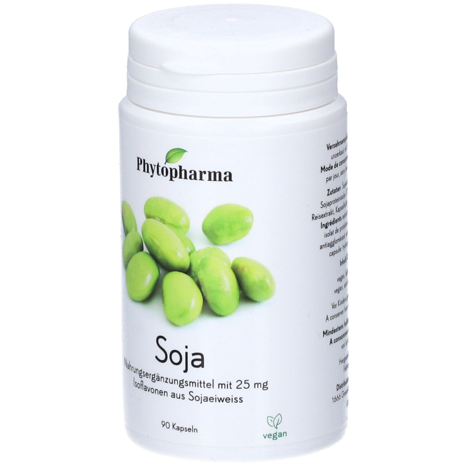 Weiße Dose mit Soja-Kapseln. Aufschrift: Phytopharma, Soja, Nahrungsergänzungsmittel. Vegan-Siegel. Abbildung von Sojabohnen.